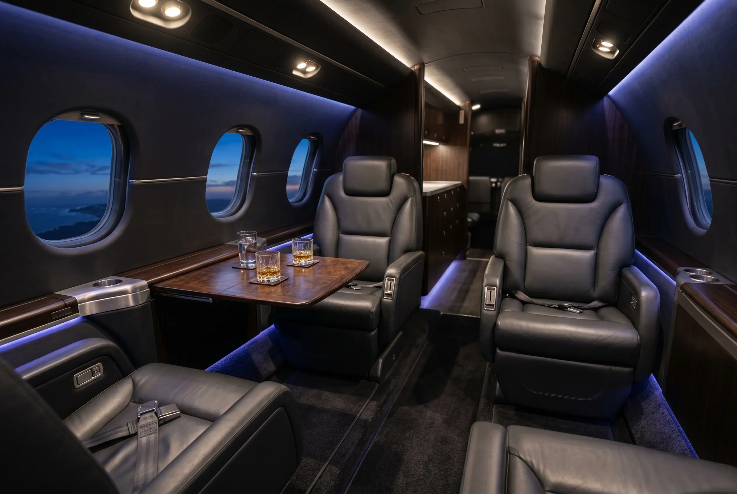 Hawker 800XP wide cabin with facing club seats and a fold-out table, configured for a New York to Miami charter