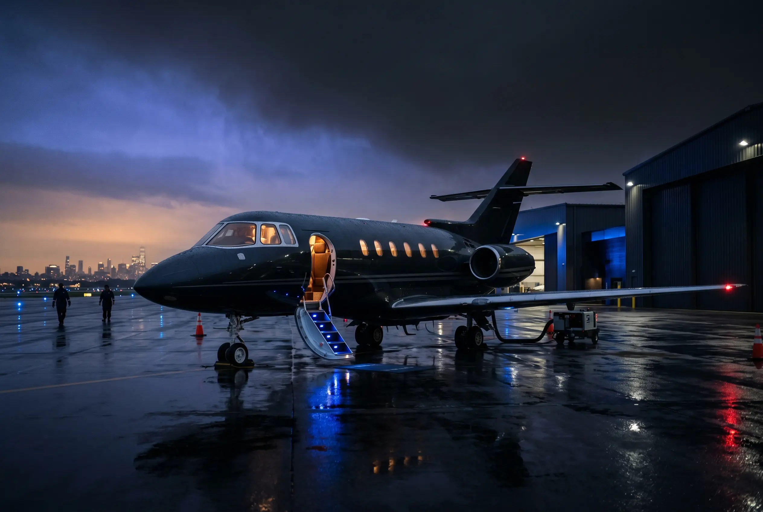 Hawker 800XP on a private ramp at dusk before a New York to Miami departure