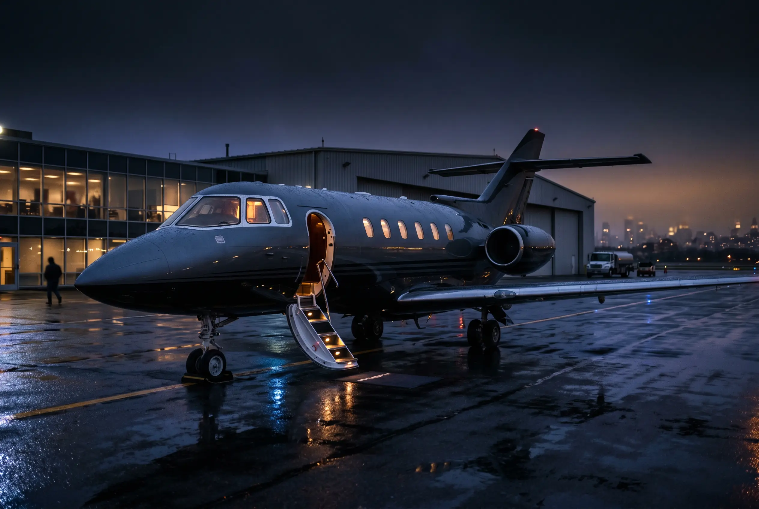 Hawker 800XP at a New York FBO at dusk with airstair down ahead of a Miami flight