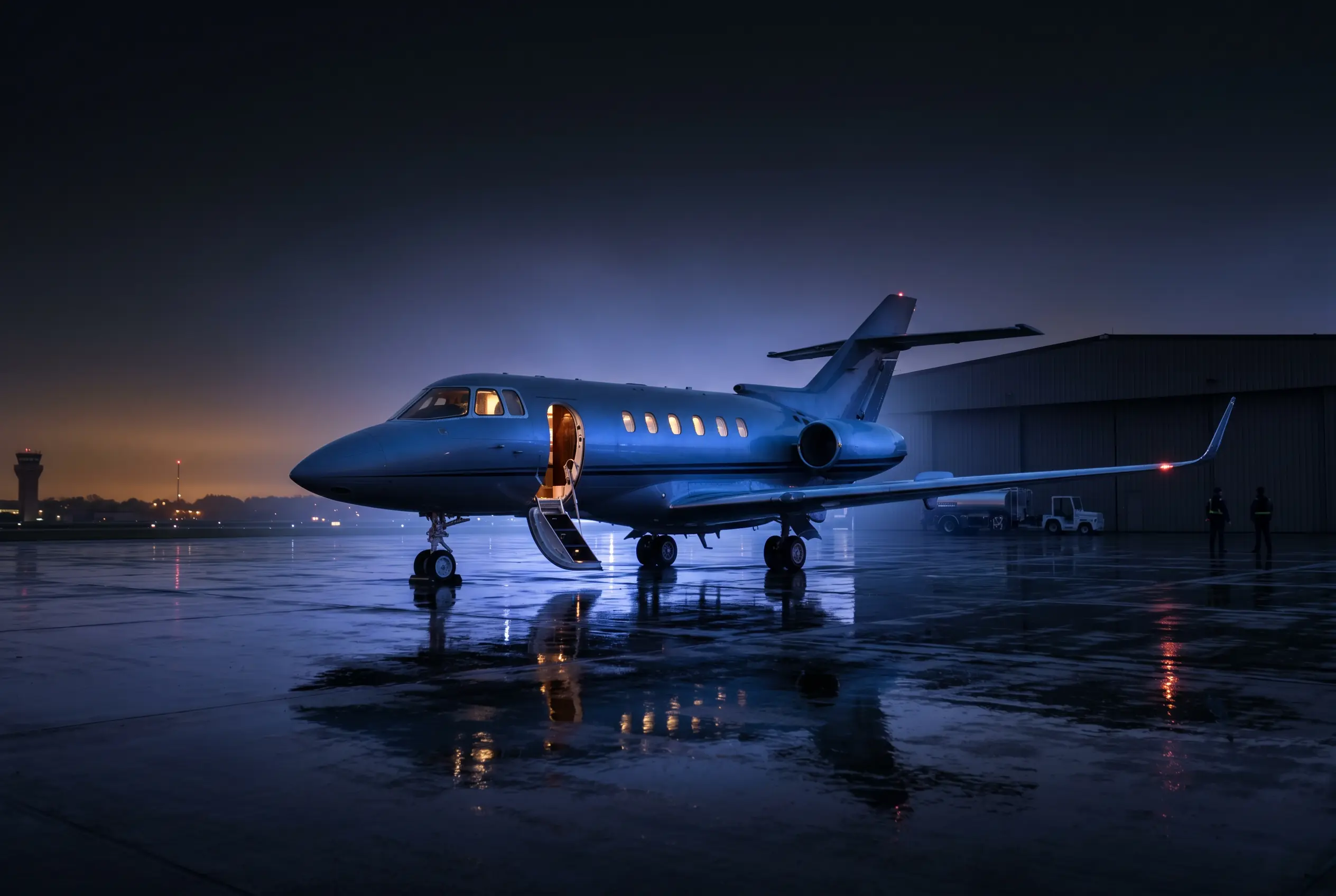 Hawker 900XP with winglets on a private ramp at dusk before a New York to Miami flight