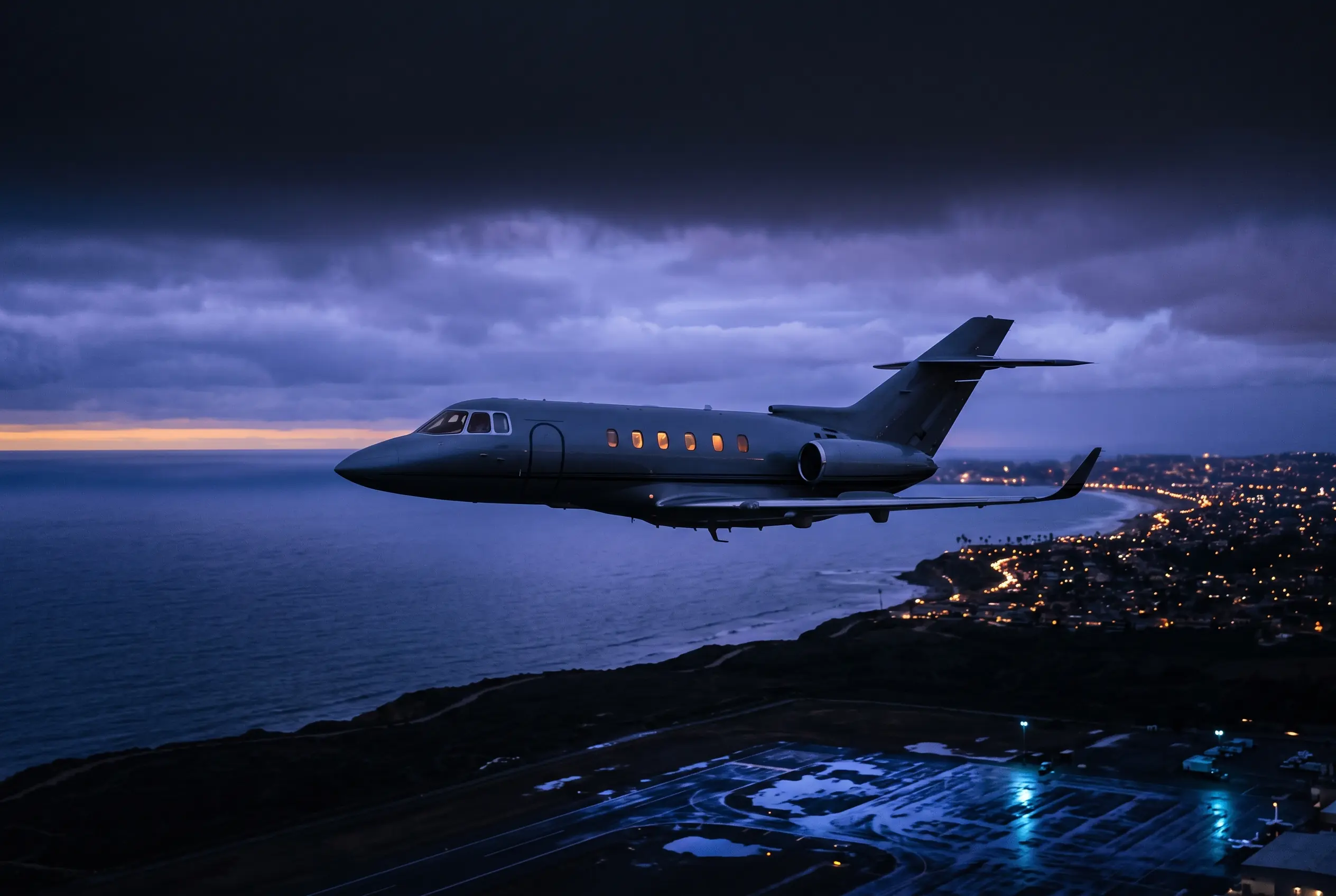 Hawker 900XP in flight at dusk above the coastline en route from New York to Miami
