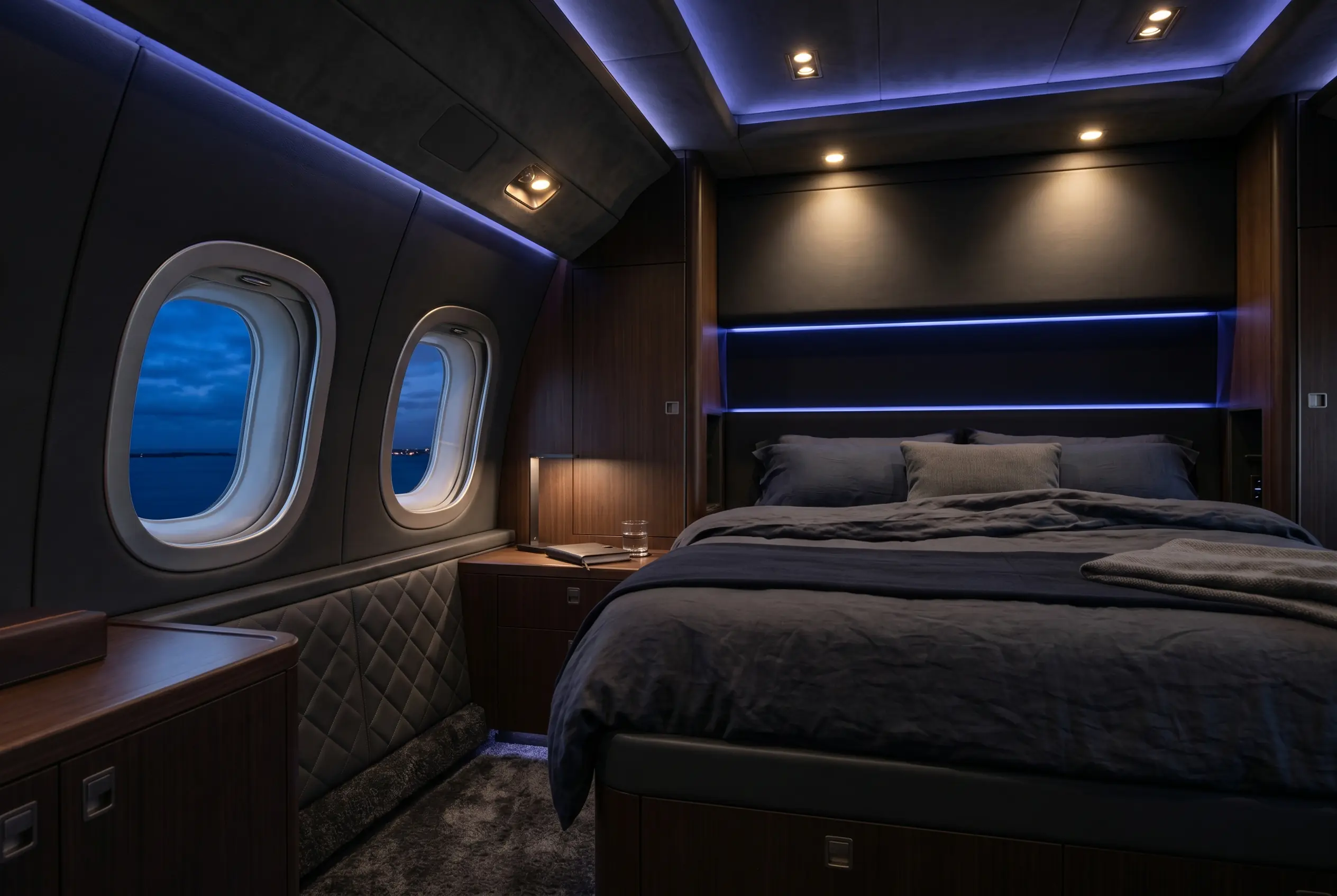 Private aft bedroom in a heavy jet during a New York to Miami flight