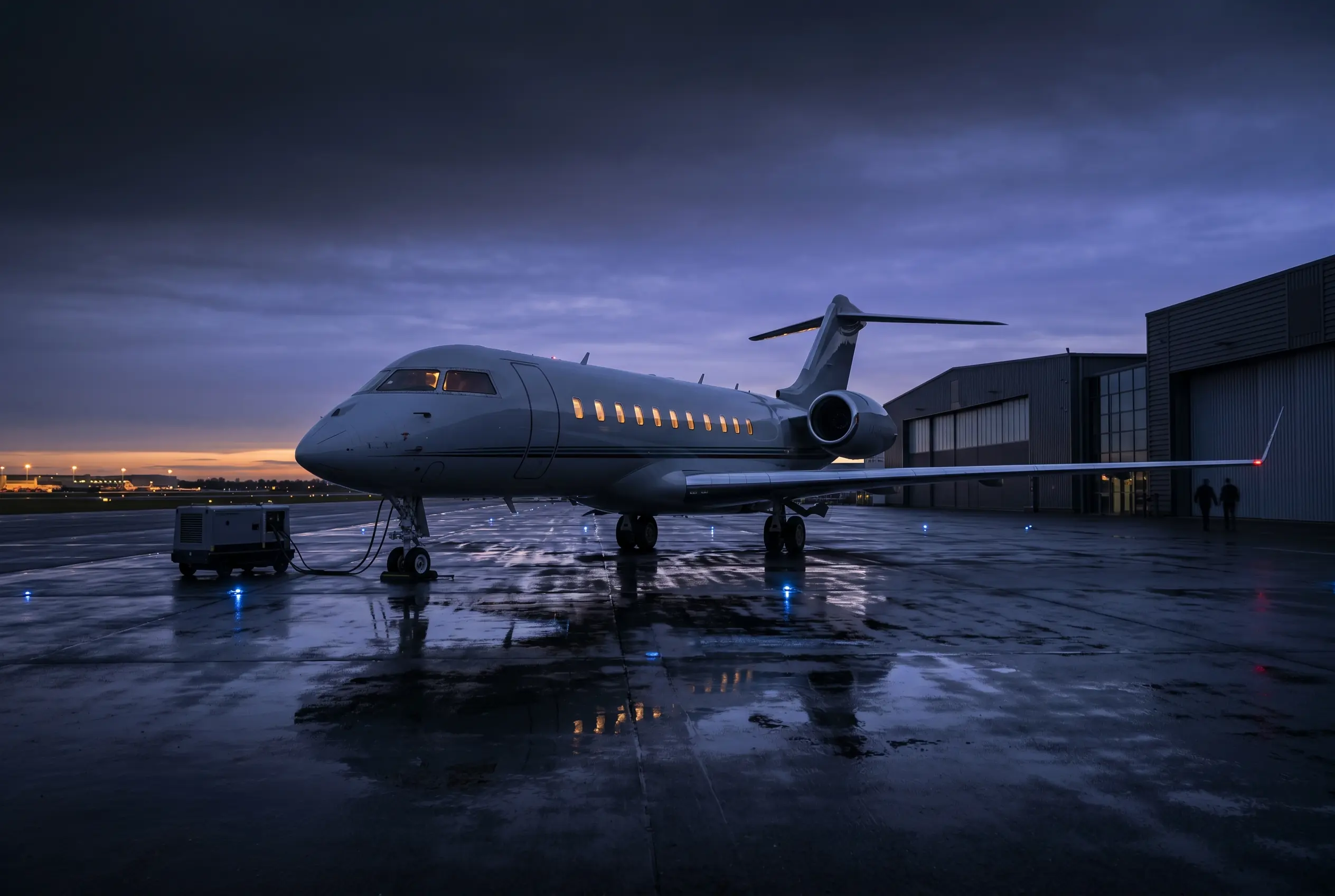 Large-cabin heavy jet on a private ramp at dusk before a New York to Miami departure