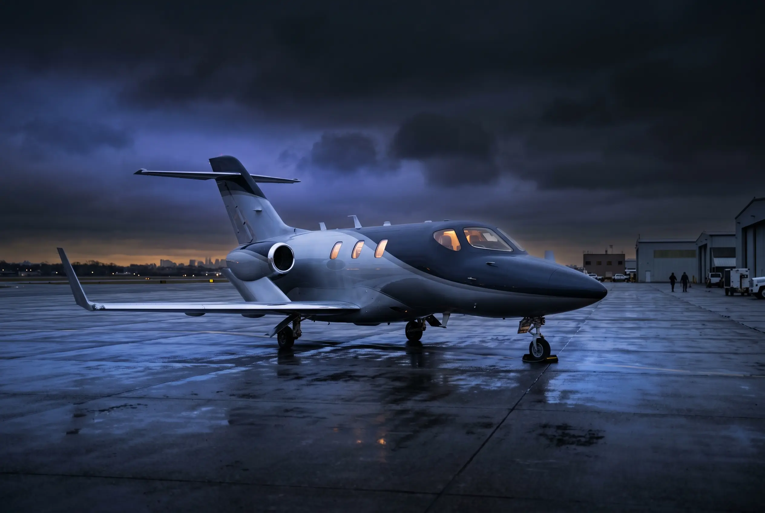 HondaJet Elite II showing its distinctive over-the-wing engine mounts, parked on a New York ramp at dusk before a Miami flight