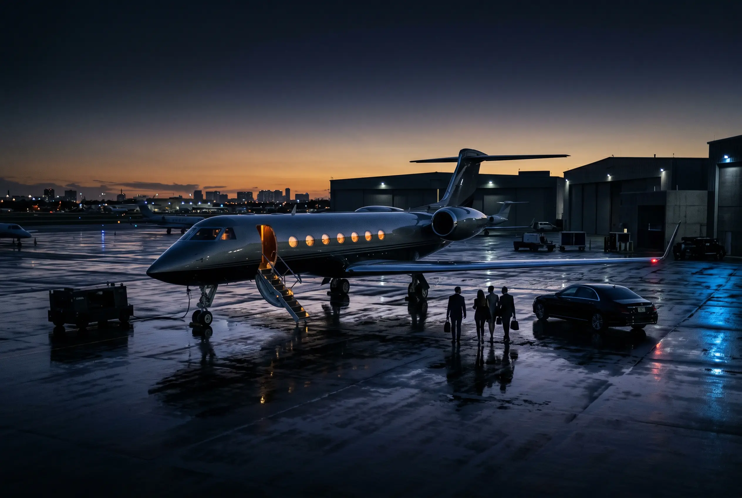 Private jet on the Opa-locka ramp at dusk as a group arrives in Miami for Art Basel