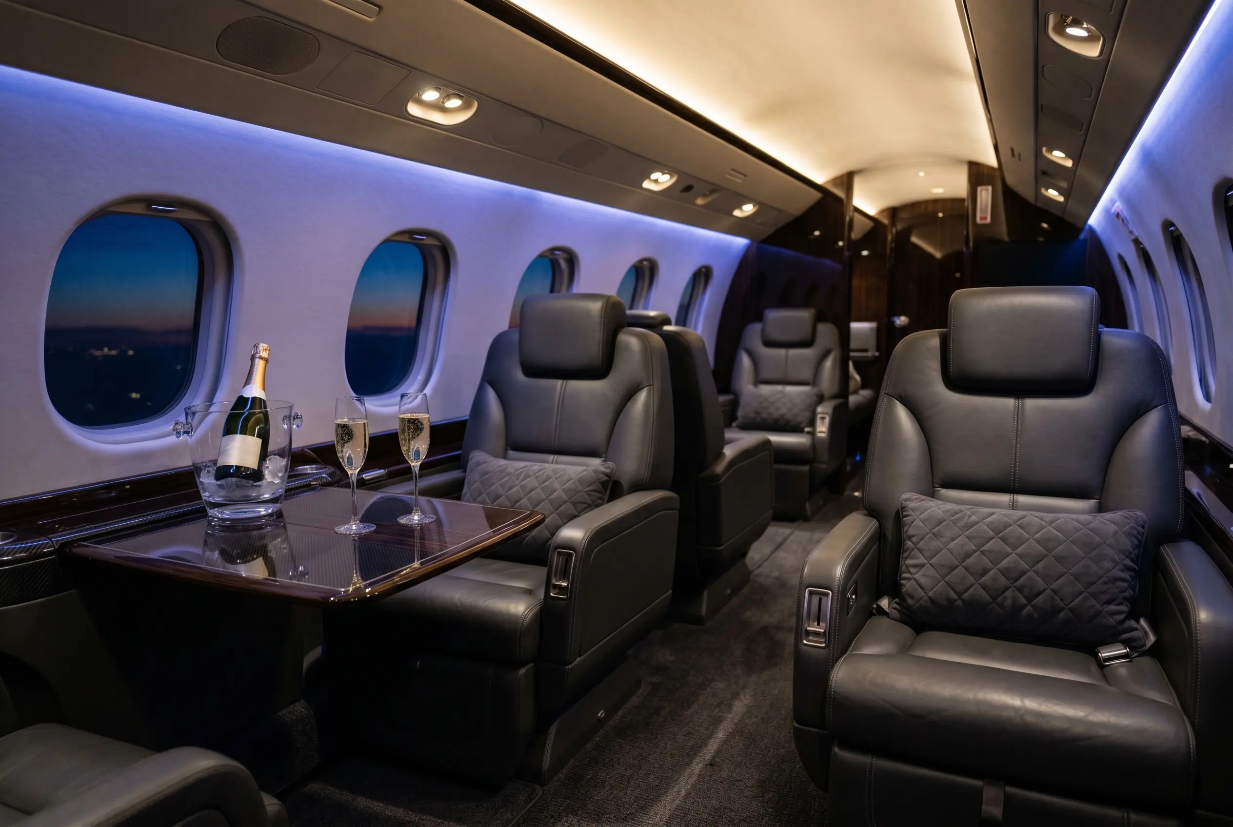 Guests in evening dress aboard a private jet cabin with champagne, flying from New York to a Miami event