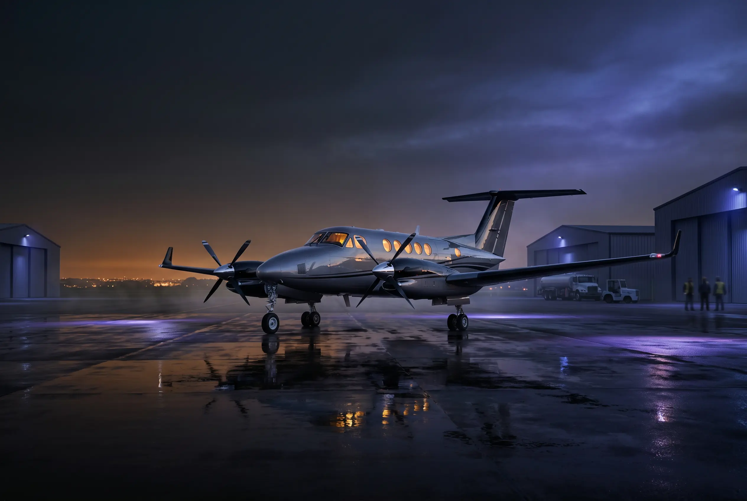 Beechcraft King Air 260 twin turboprop parked on a regional ramp at dusk before a New York to Miami departure