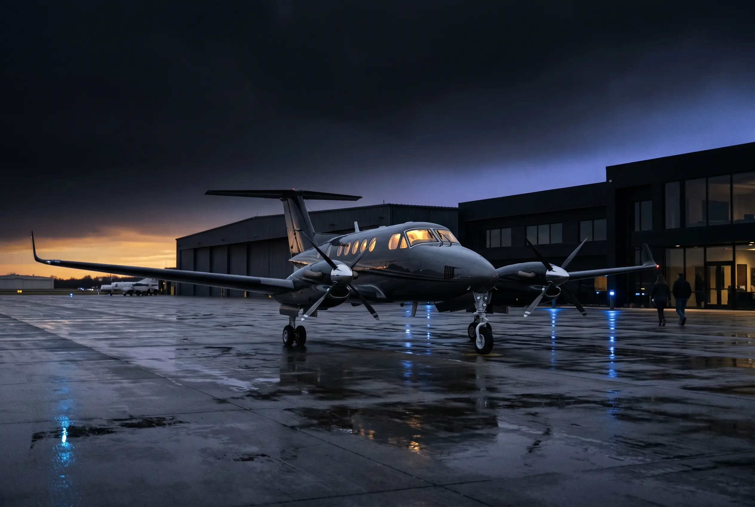 Beechcraft King Air 350 twin turboprop on a regional ramp at dusk before a New York to Miami flight