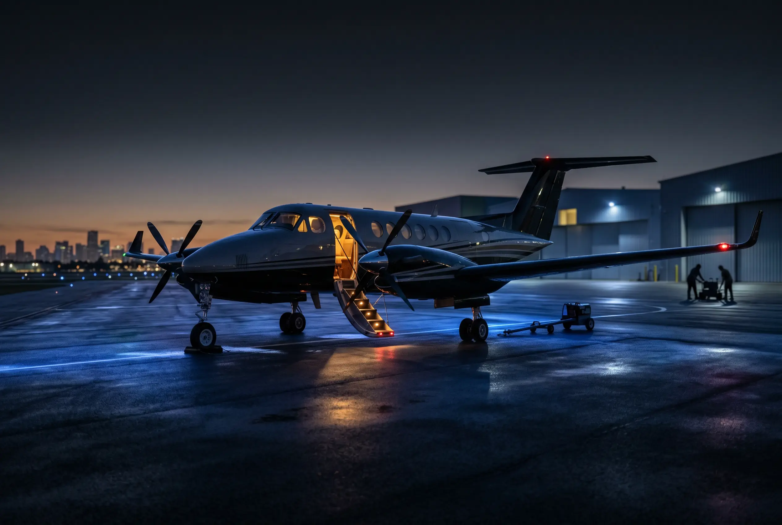 King Air 350 with airstair down on a quiet ramp at dusk ahead of a Miami departure