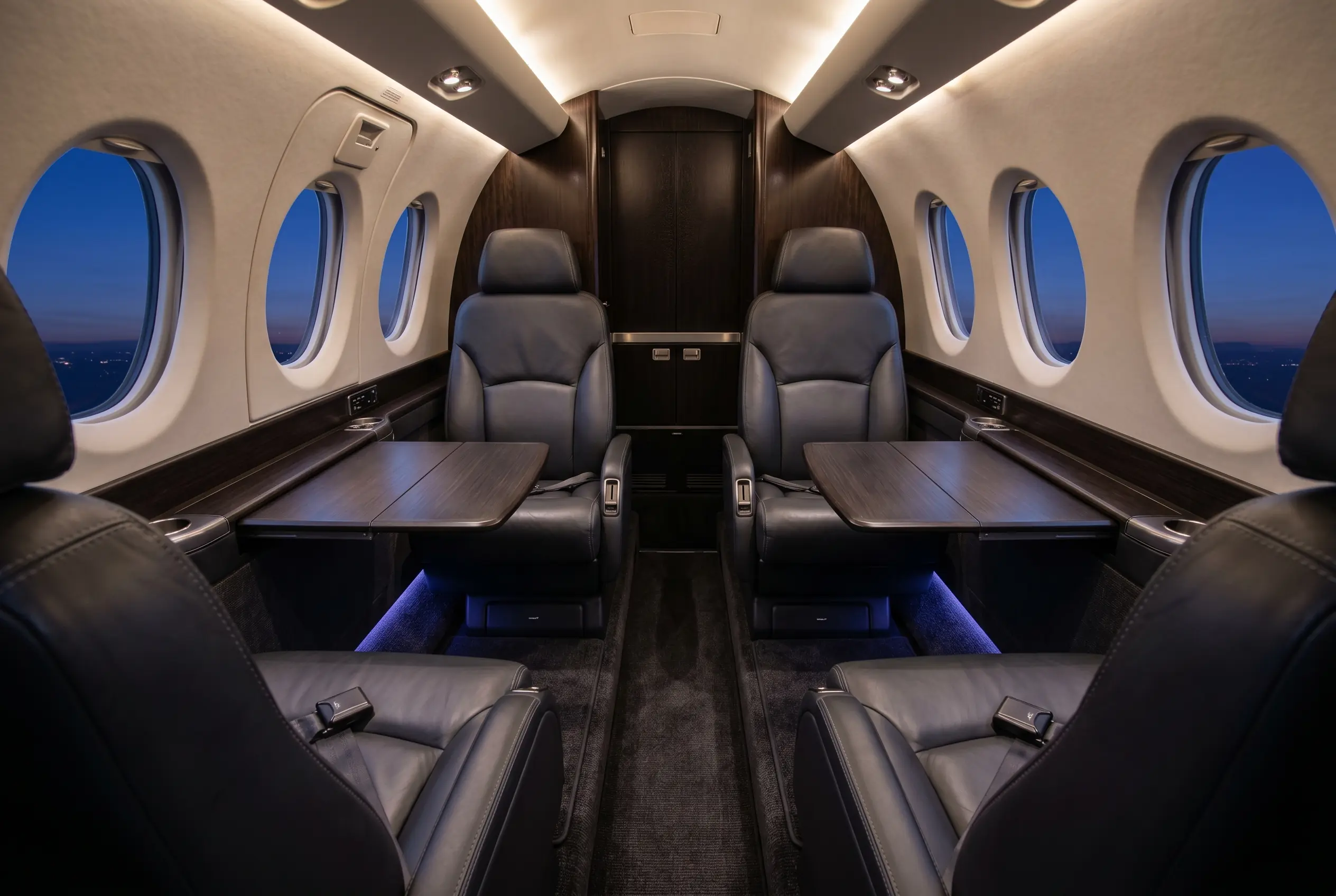 Beechcraft King Air C90GTx cabin with club-four leather seating configured for a New York to Miami charter