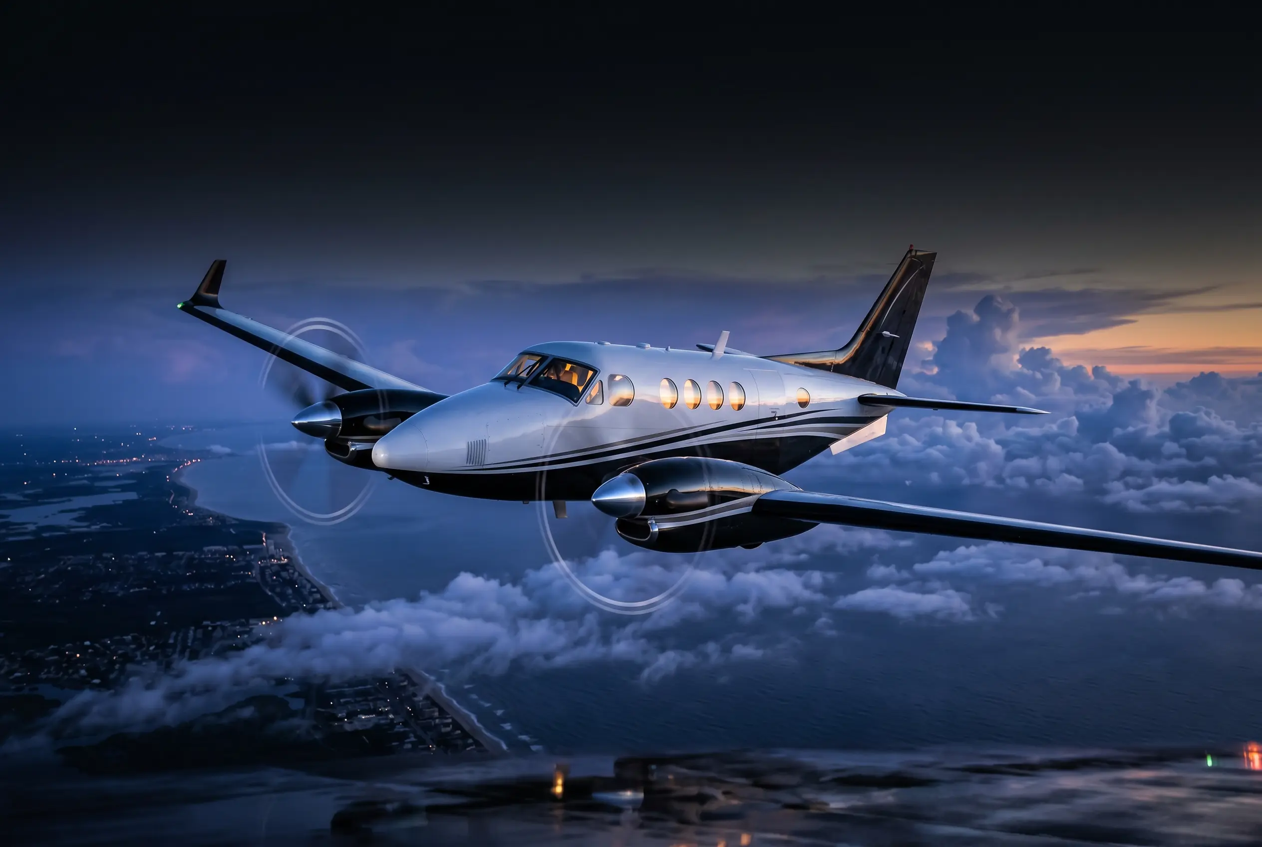 Beechcraft King Air C90GTx in flight above the Eastern Seaboard at dusk en route from New York to Miami
