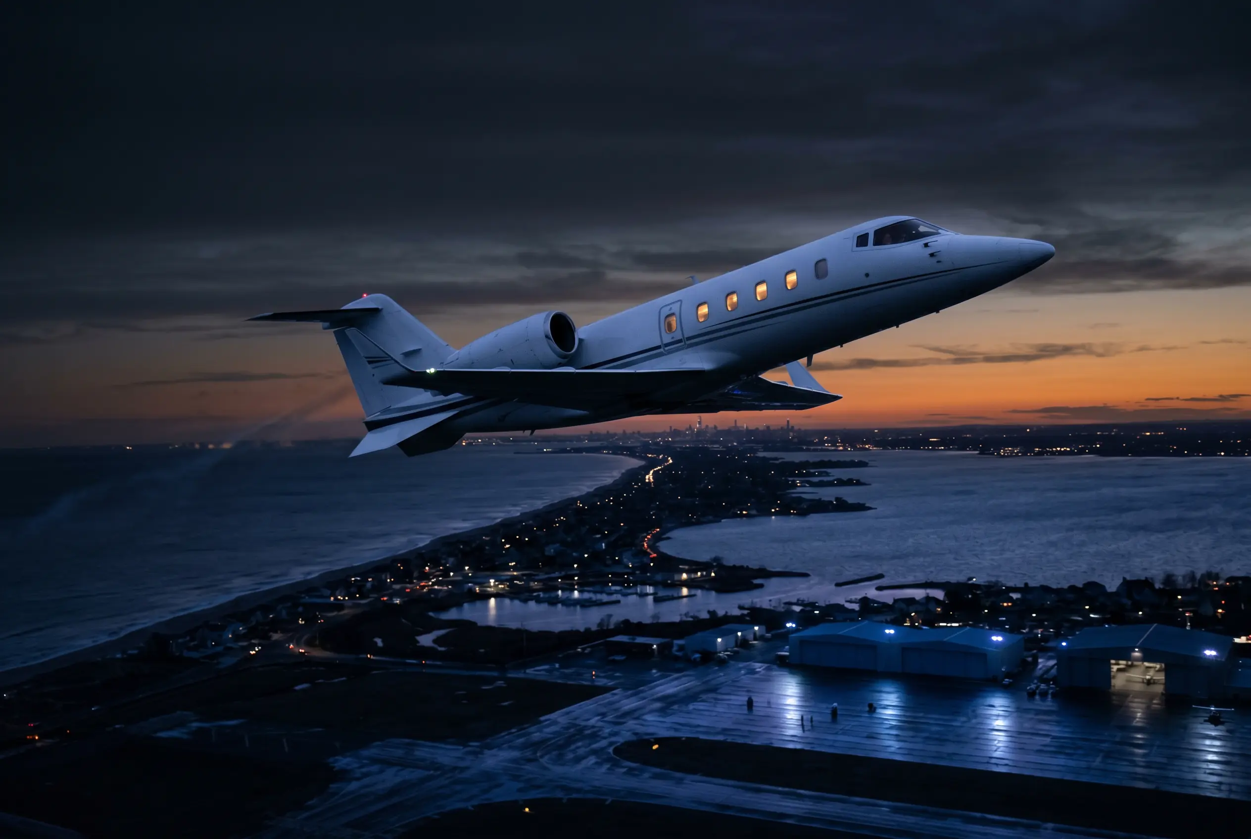 Bombardier Learjet 60XR climbing steeply to high altitude at dusk over the coast en route from New York to Miami