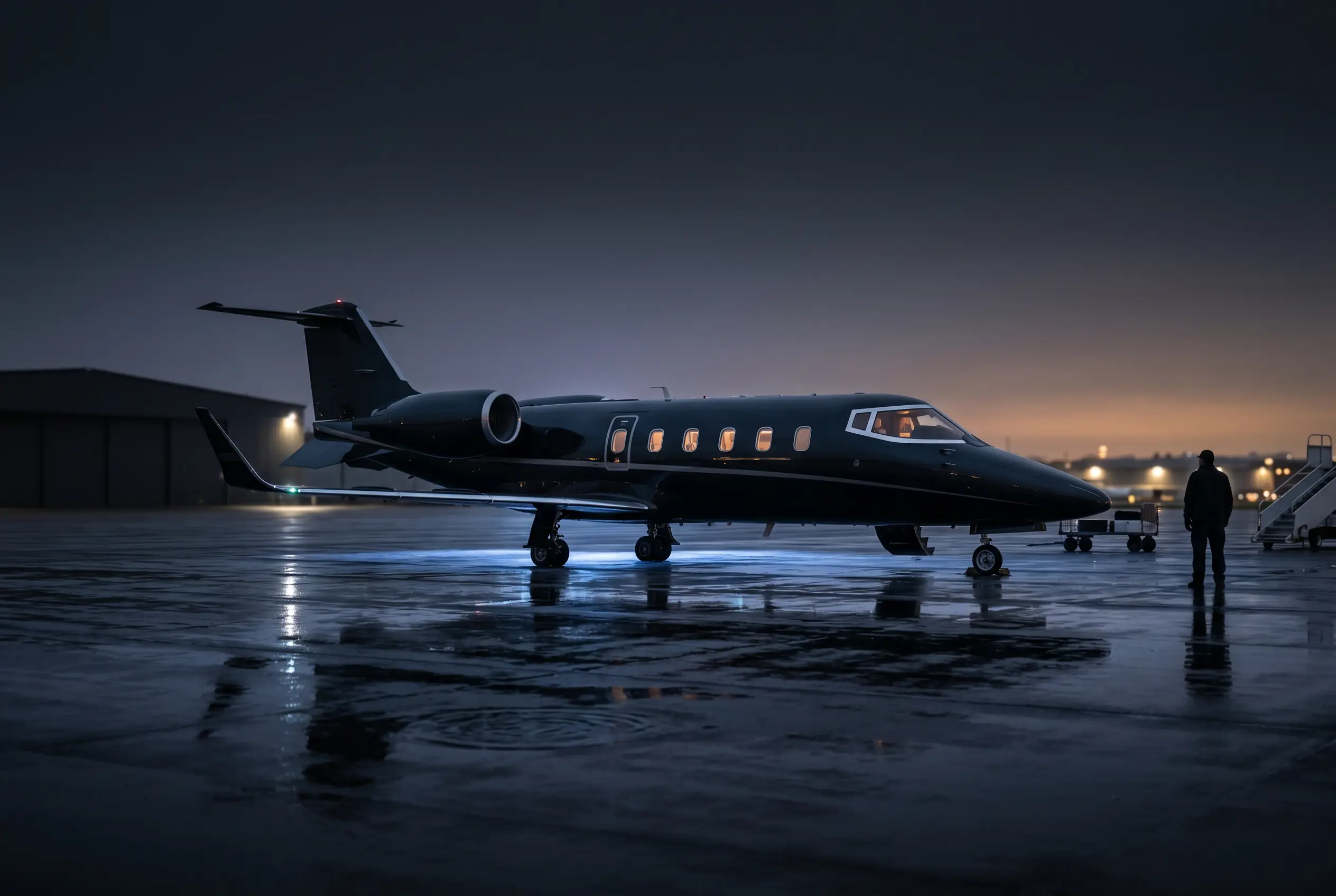 Bombardier Learjet 60XR with its signature winglets on a private ramp at dusk before a New York to Miami flight