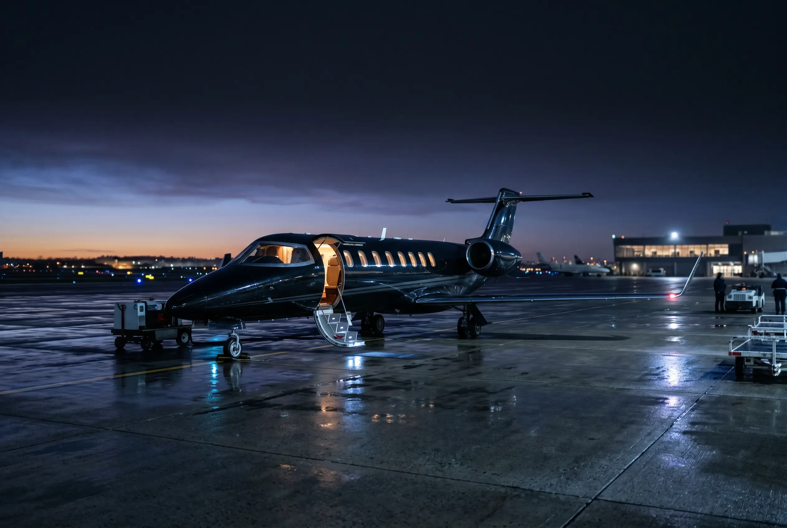 Bombardier Learjet 75 with its distinctive winglets parked on a ramp at dusk before a New York to Miami flight