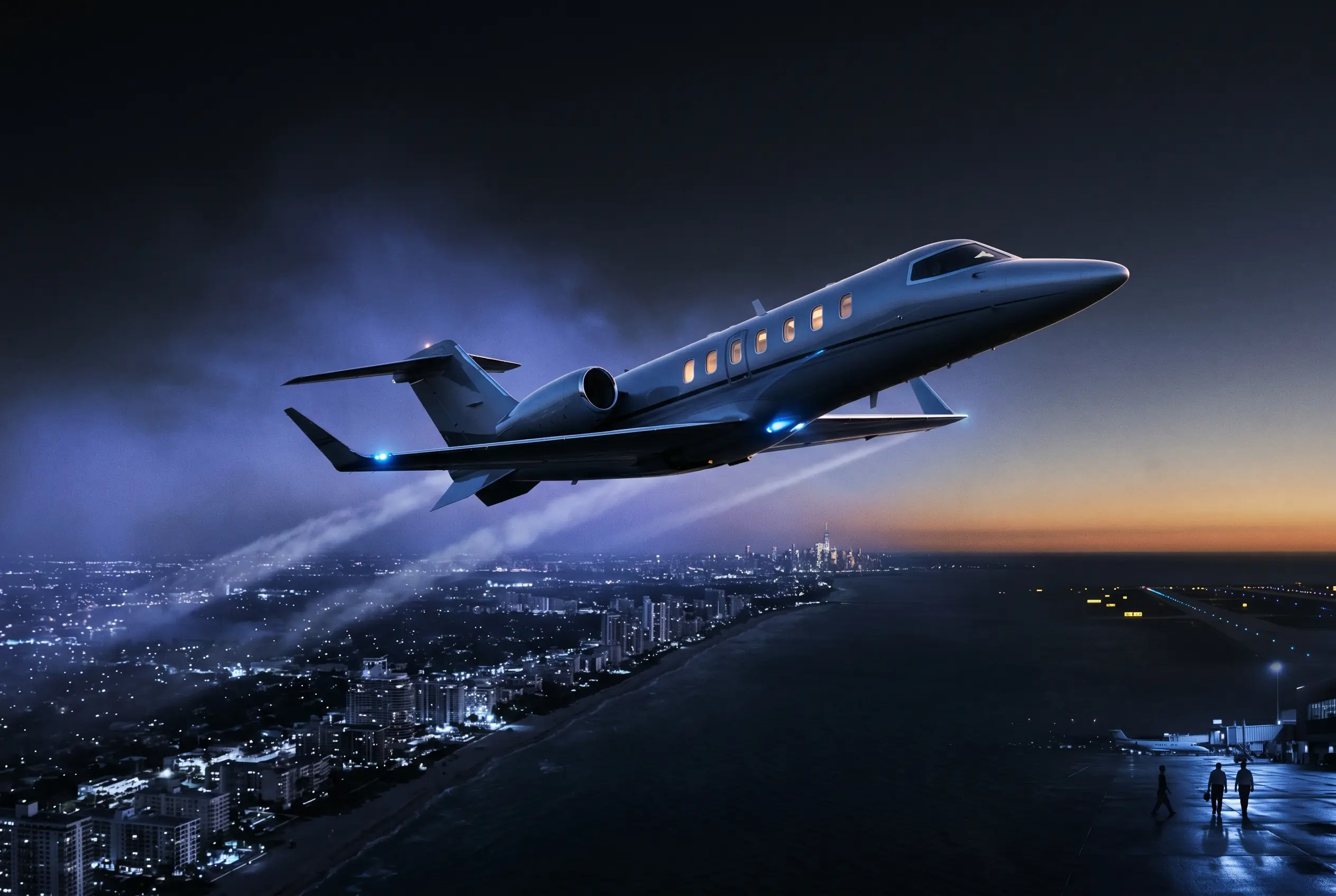 Bombardier Learjet 75 climbing to high altitude at dusk over the coastline en route from New York to Miami