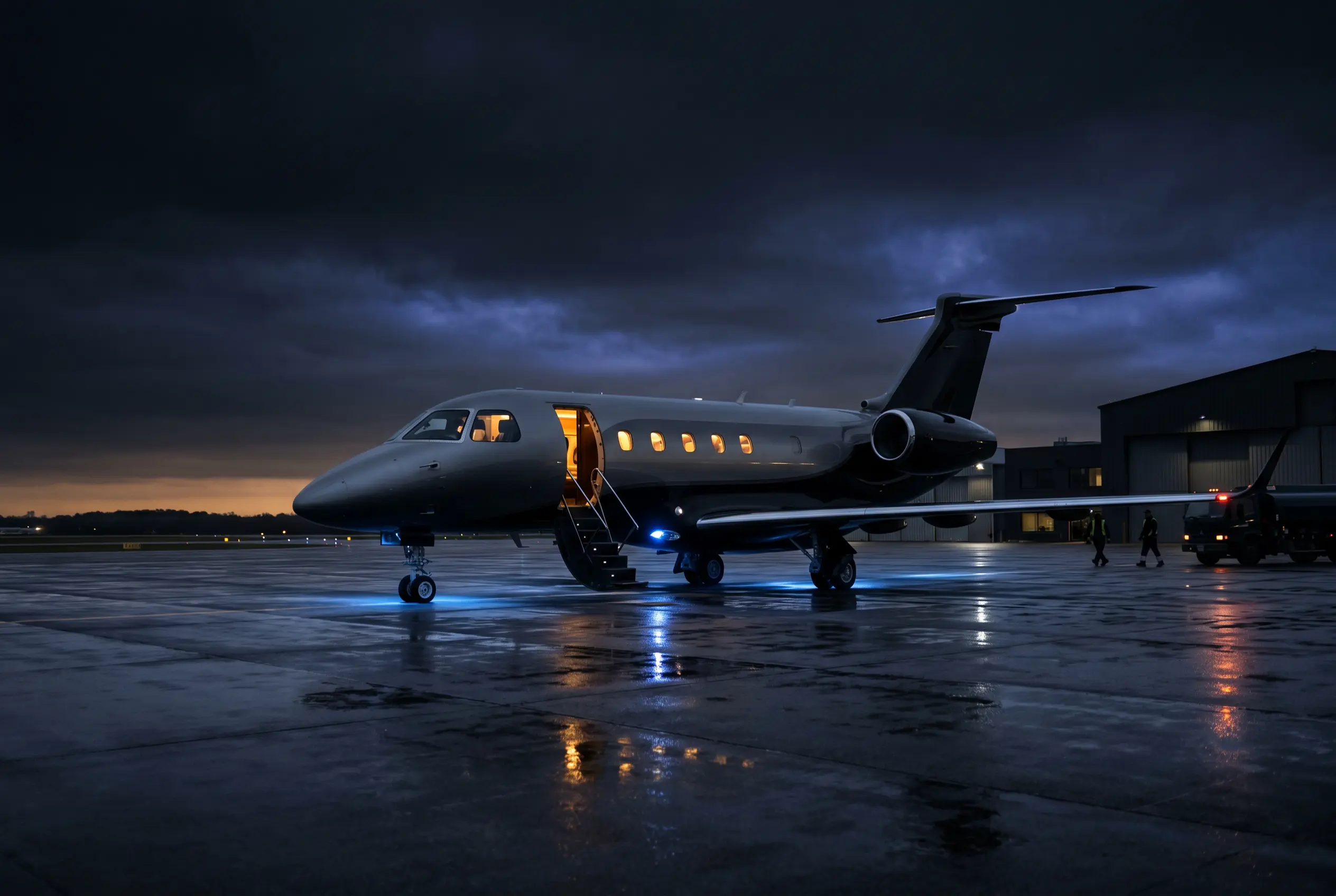 Embraer Legacy 500 on a private ramp at dusk before a New York to Miami departure