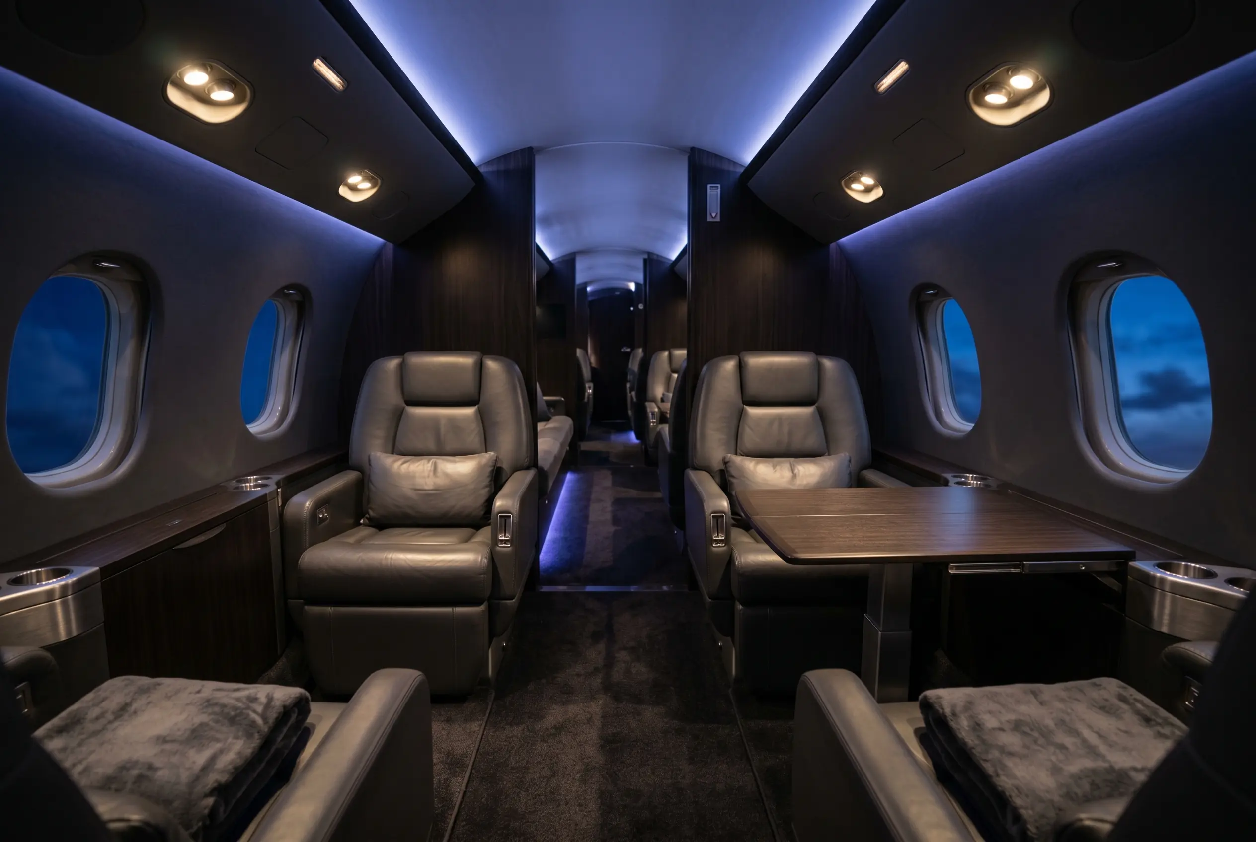 Relaxed family in a bright private jet cabin on a leisure flight from New York to Miami