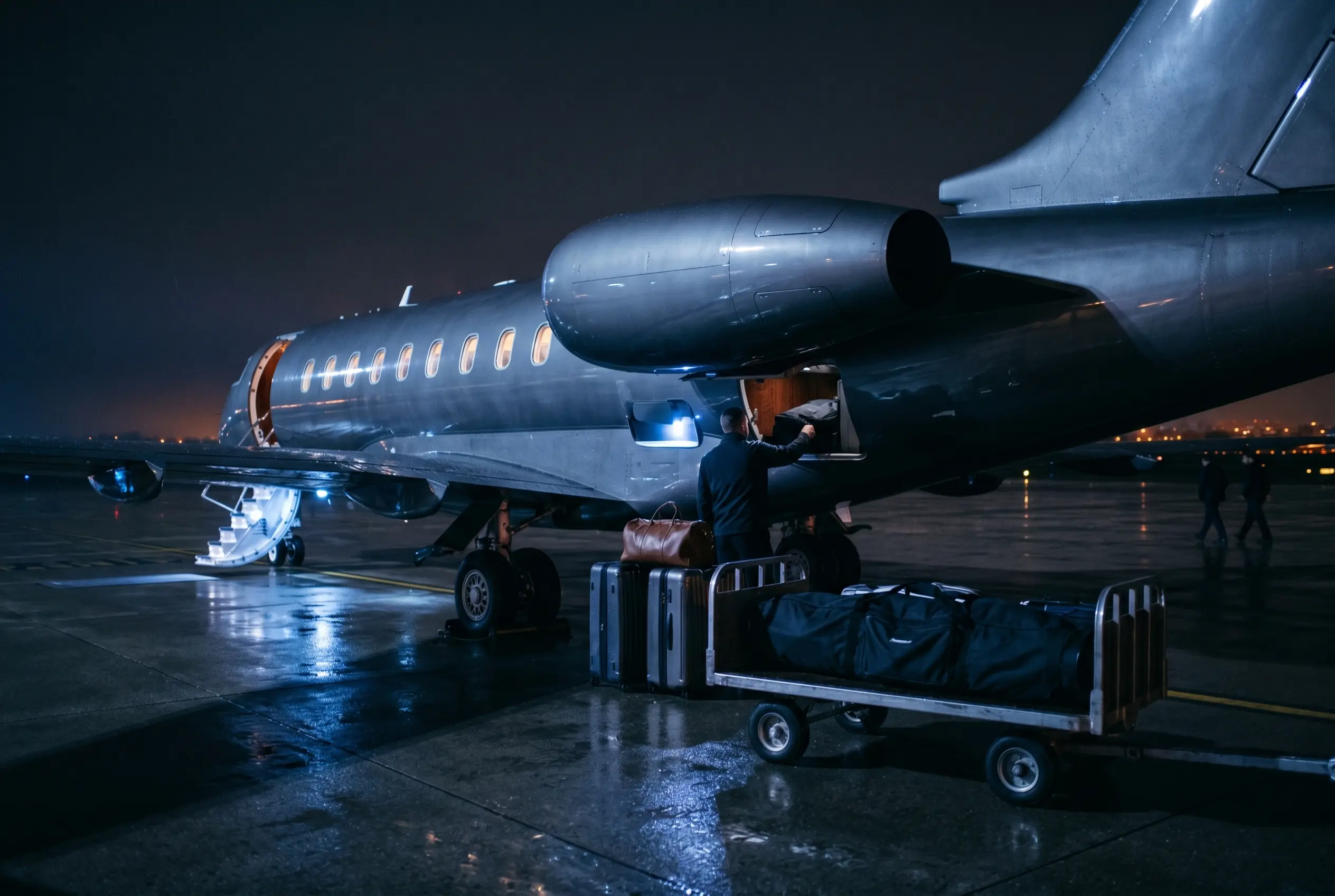 Golf clubs and beach luggage being loaded into a private jet hold for a New York to Miami getaway