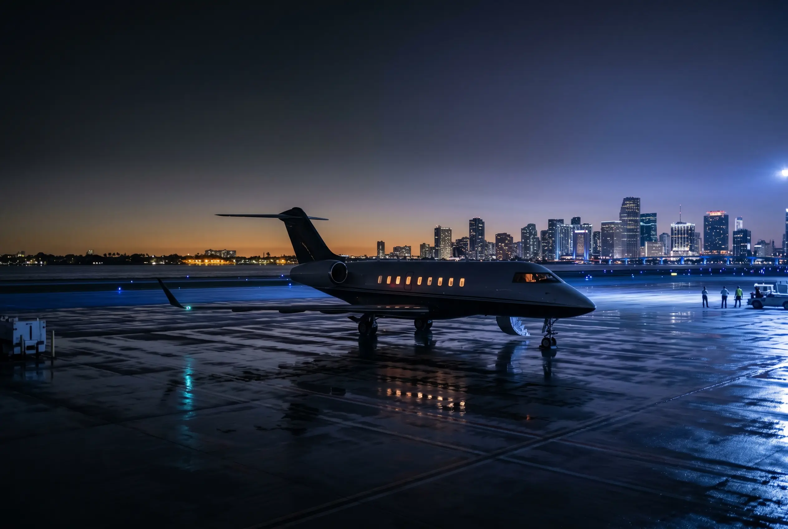 Private jet on a sunny Miami ramp with the South Florida skyline beyond after a leisure flight from New York