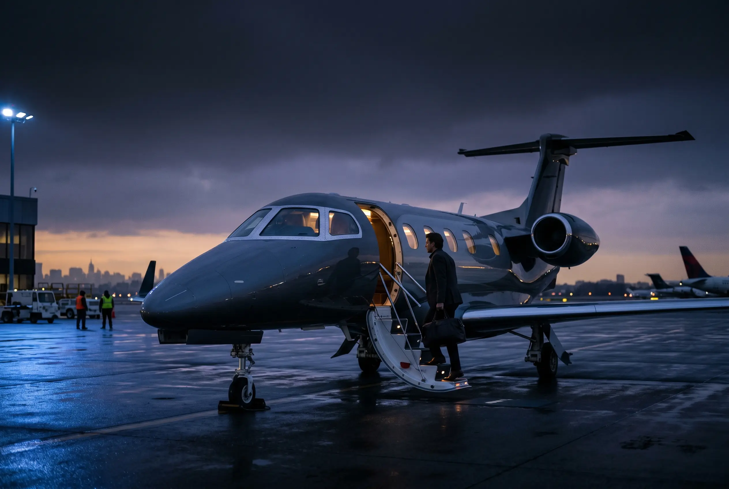 Traveler boarding a light jet by airstair on a New York ramp at dusk before a Miami departure