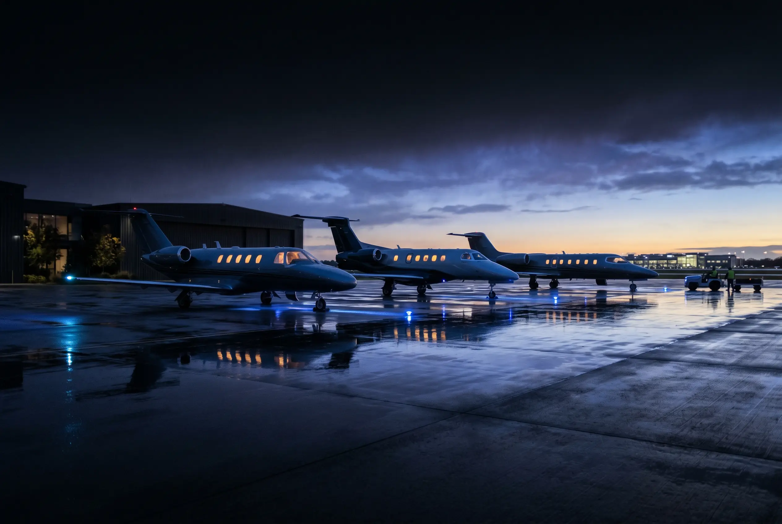 Three light jets parked in a row on a private ramp at dusk, cabin lights glowing — light jet charter options for New York to Miami