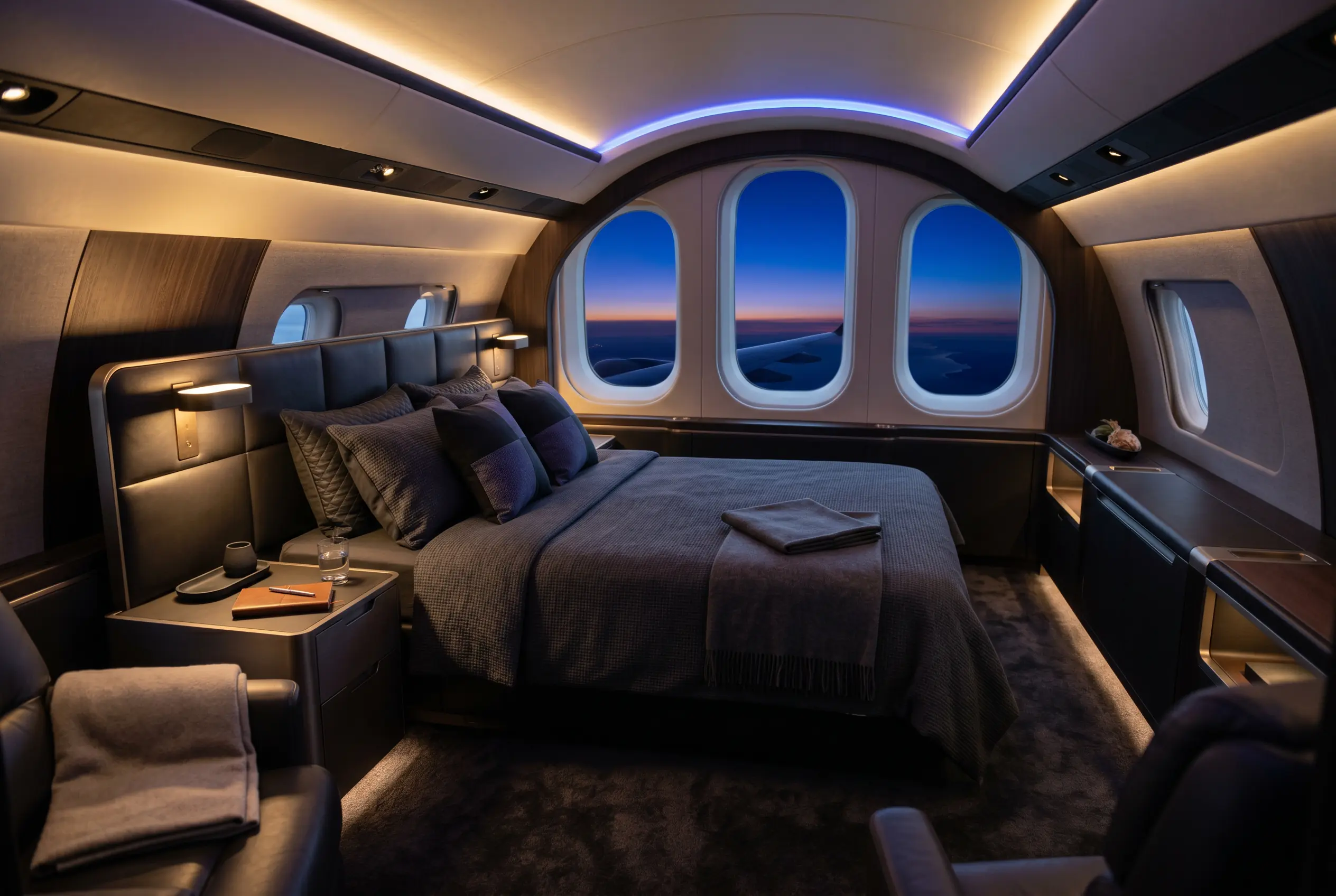 Private aft bedroom aboard an Embraer Lineage 1000E during a New York to Miami flight