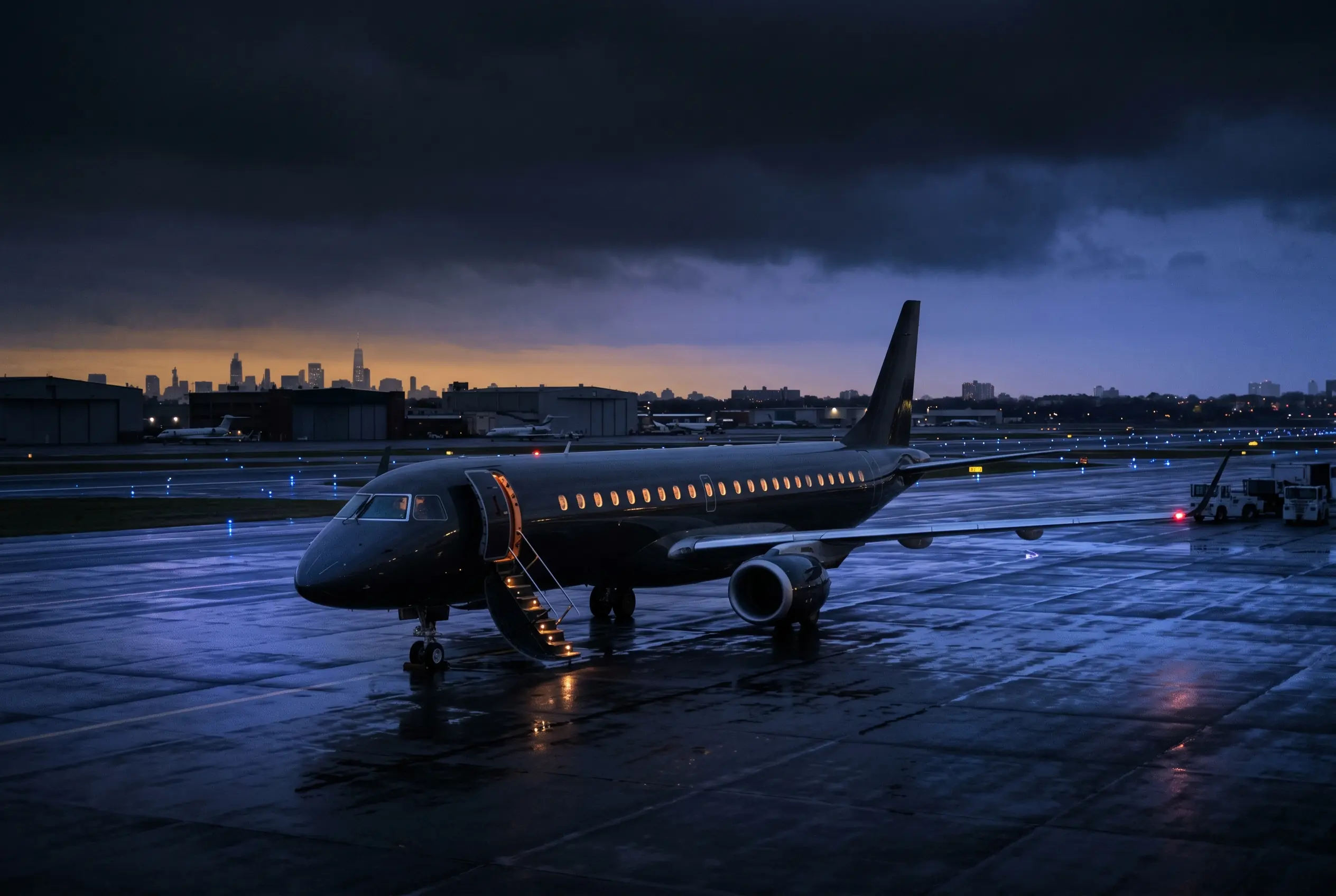 Embraer Lineage 1000E bizliner on a ramp at dusk before a New York to Miami departure