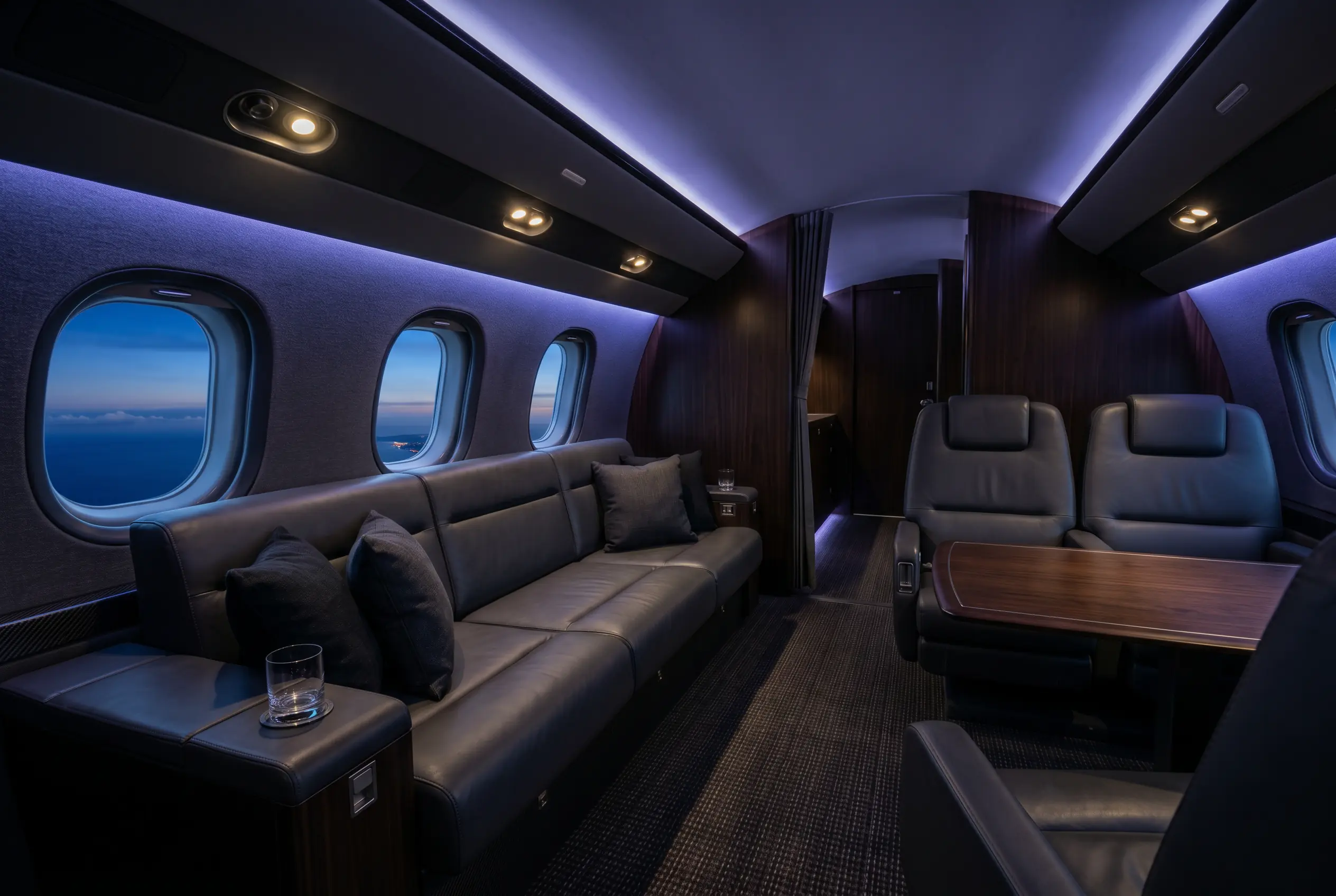Embraer Lineage 1000E mid-cabin lounge with club seating and a divan in a five-zone interior, set for a New York to Miami charter