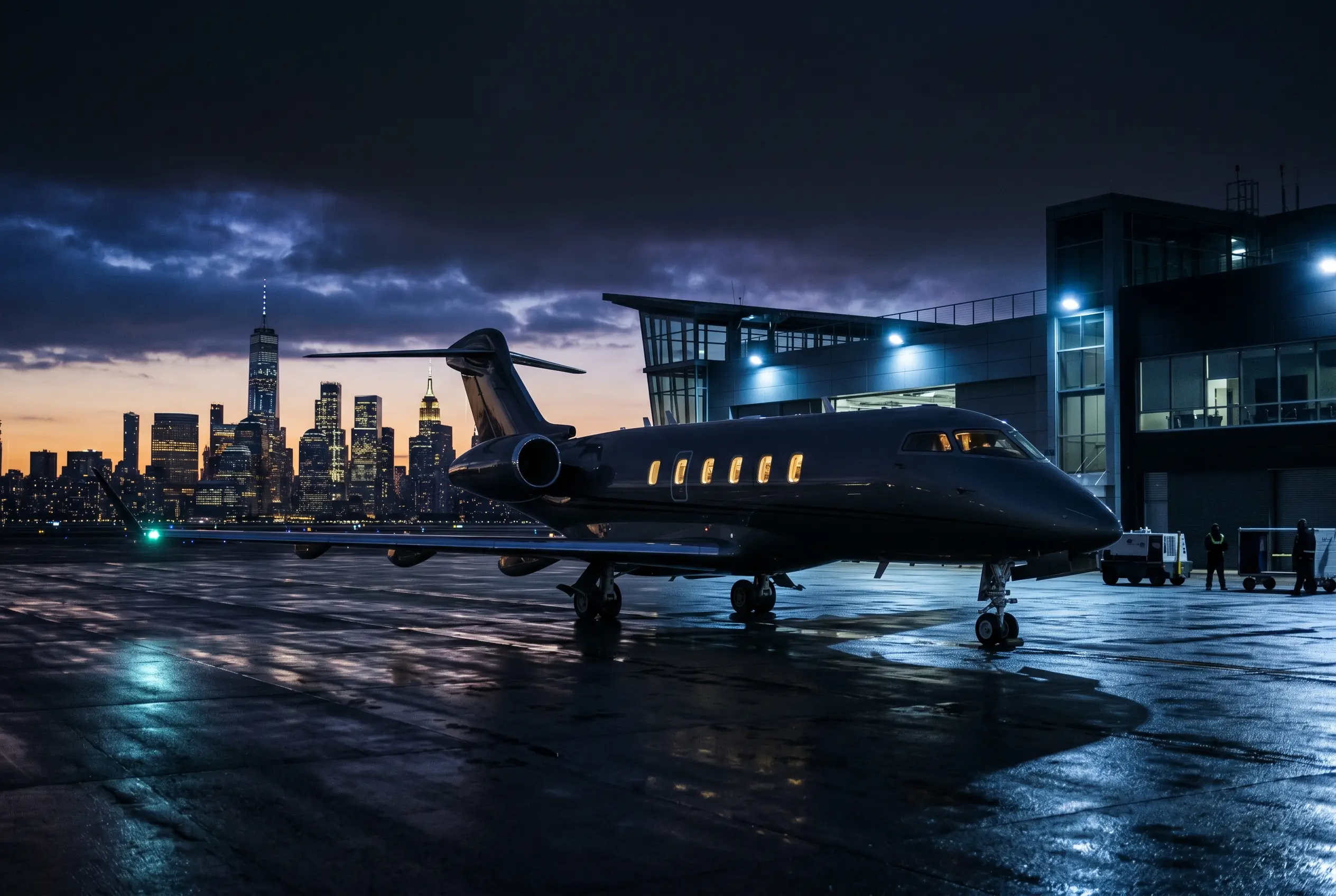 Midsize business jet on a private ramp at dusk before a New York to Miami departure