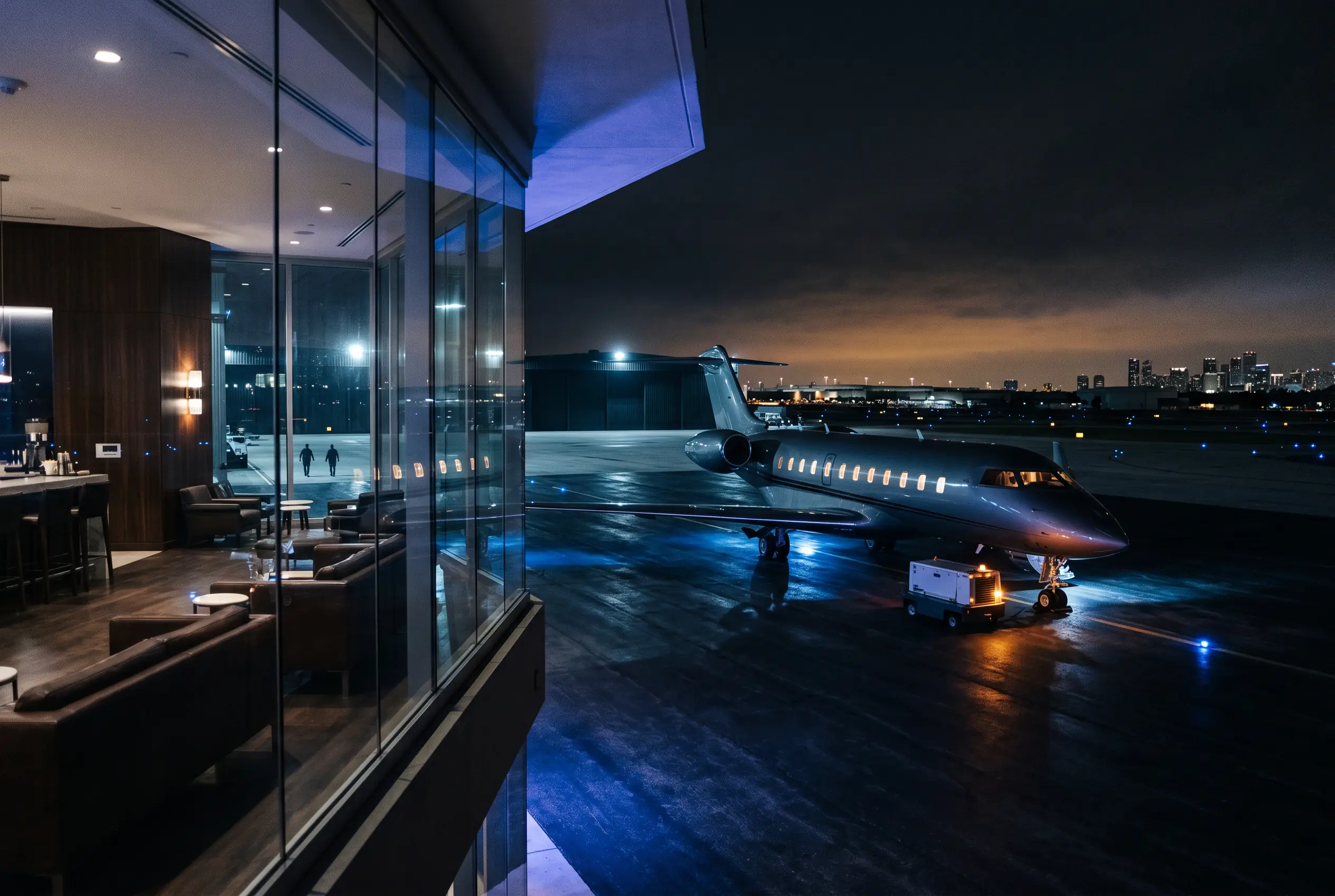 Private FBO lounge at night with a midsize jet on the ramp for a Miami flight