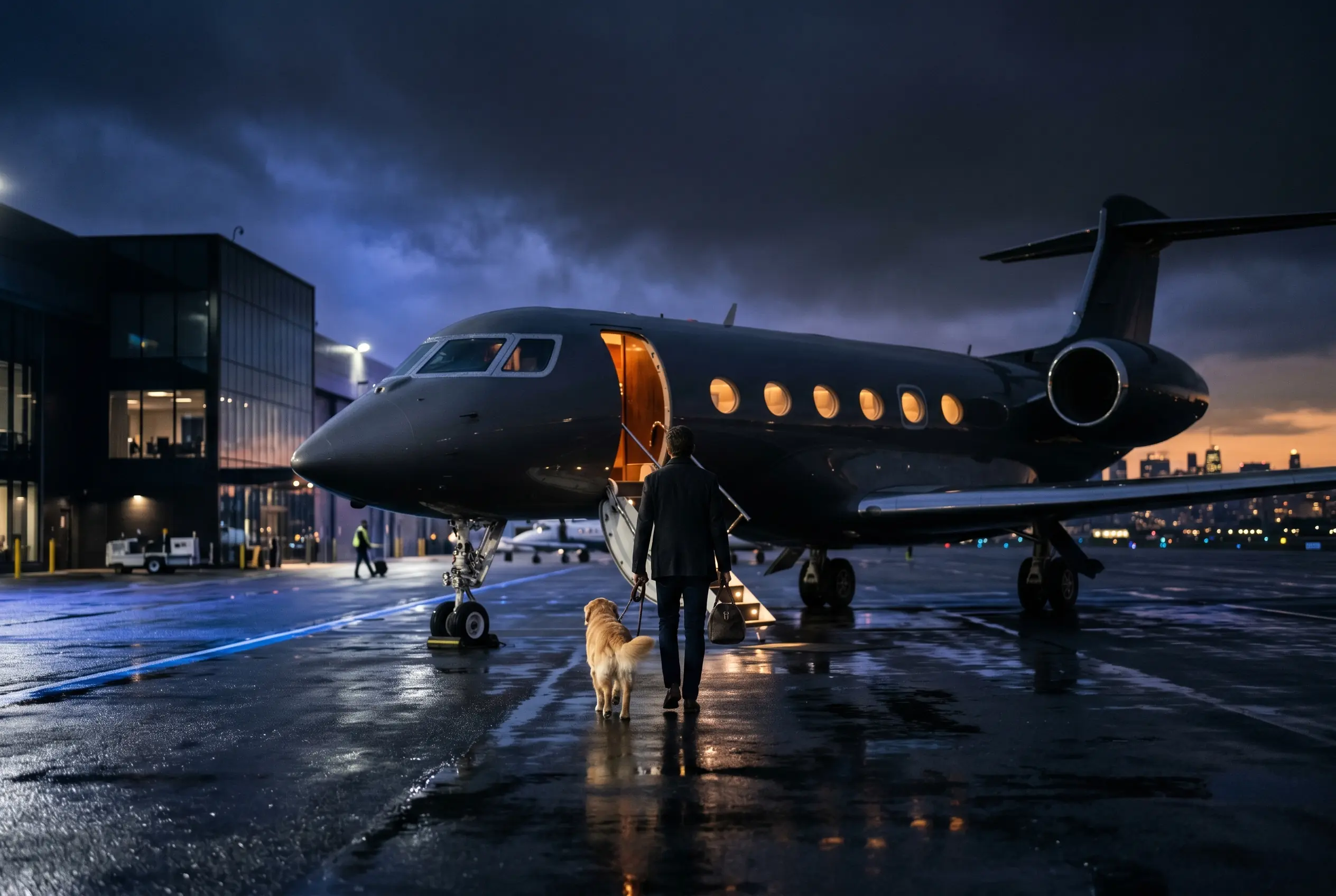 A traveller boarding a private jet with a dog on a lead at a New York FBO at dusk