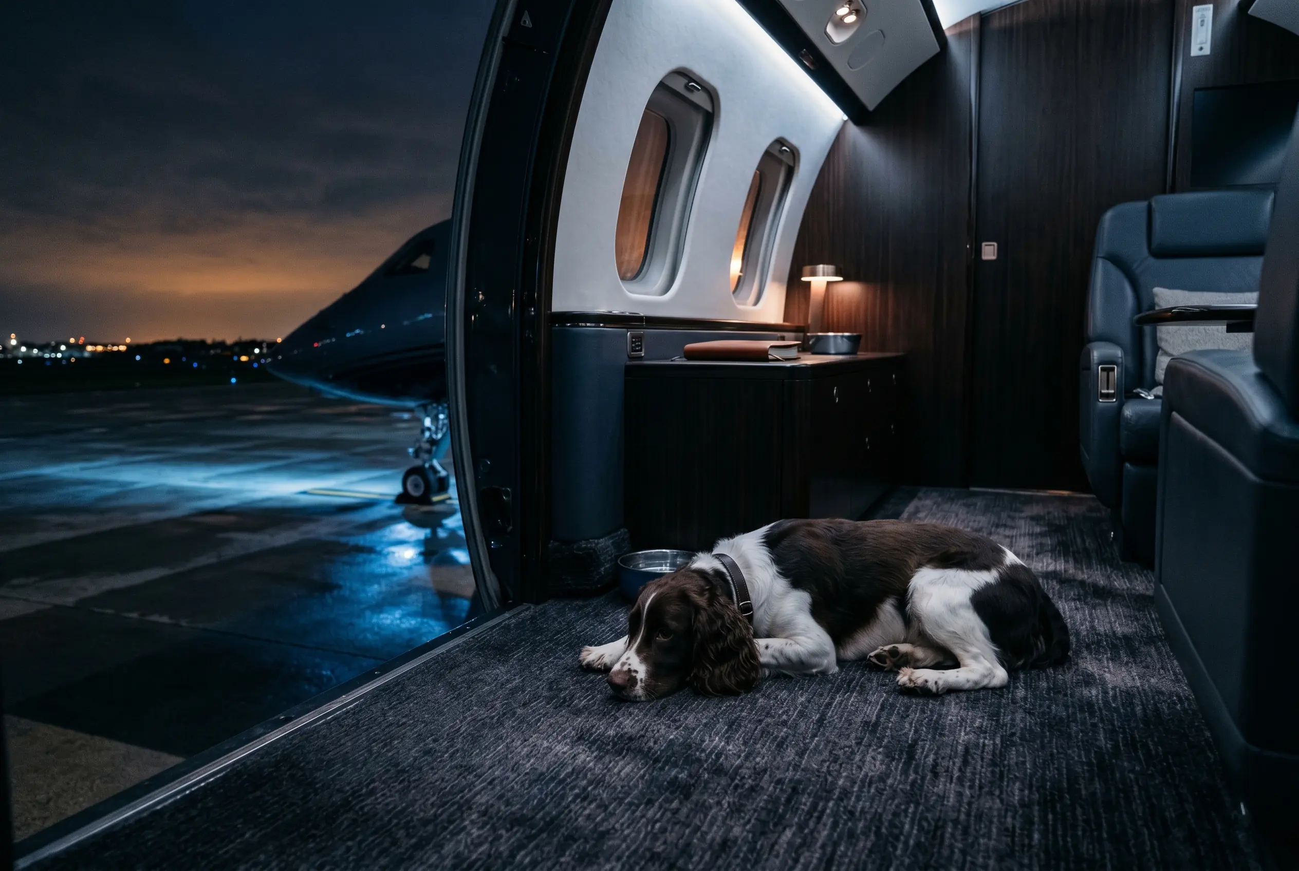 A well-behaved dog settled on the cabin floor of a private jet bound for Miami