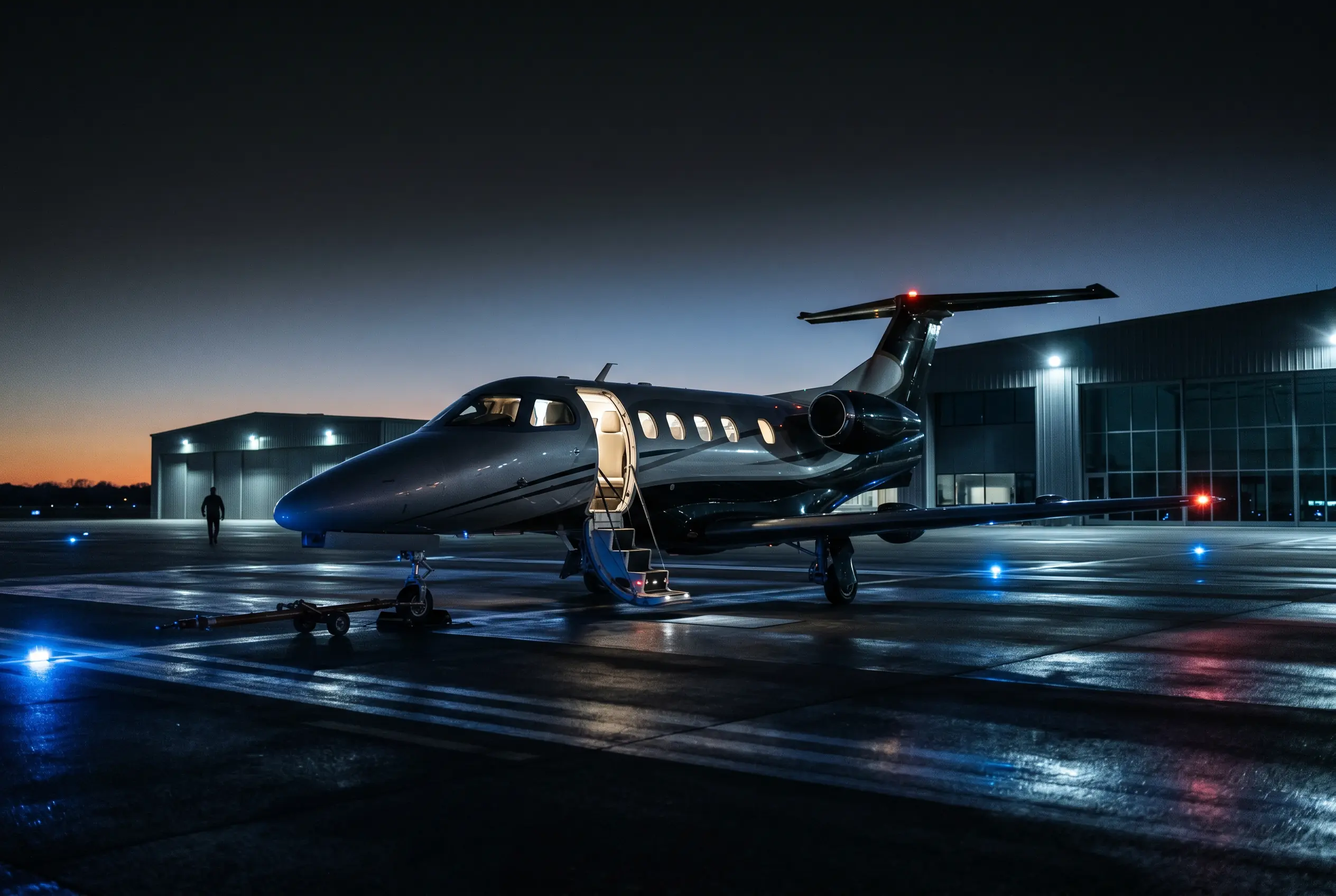 Embraer Phenom 100EV parked on a private ramp at dusk before a New York to Miami departure