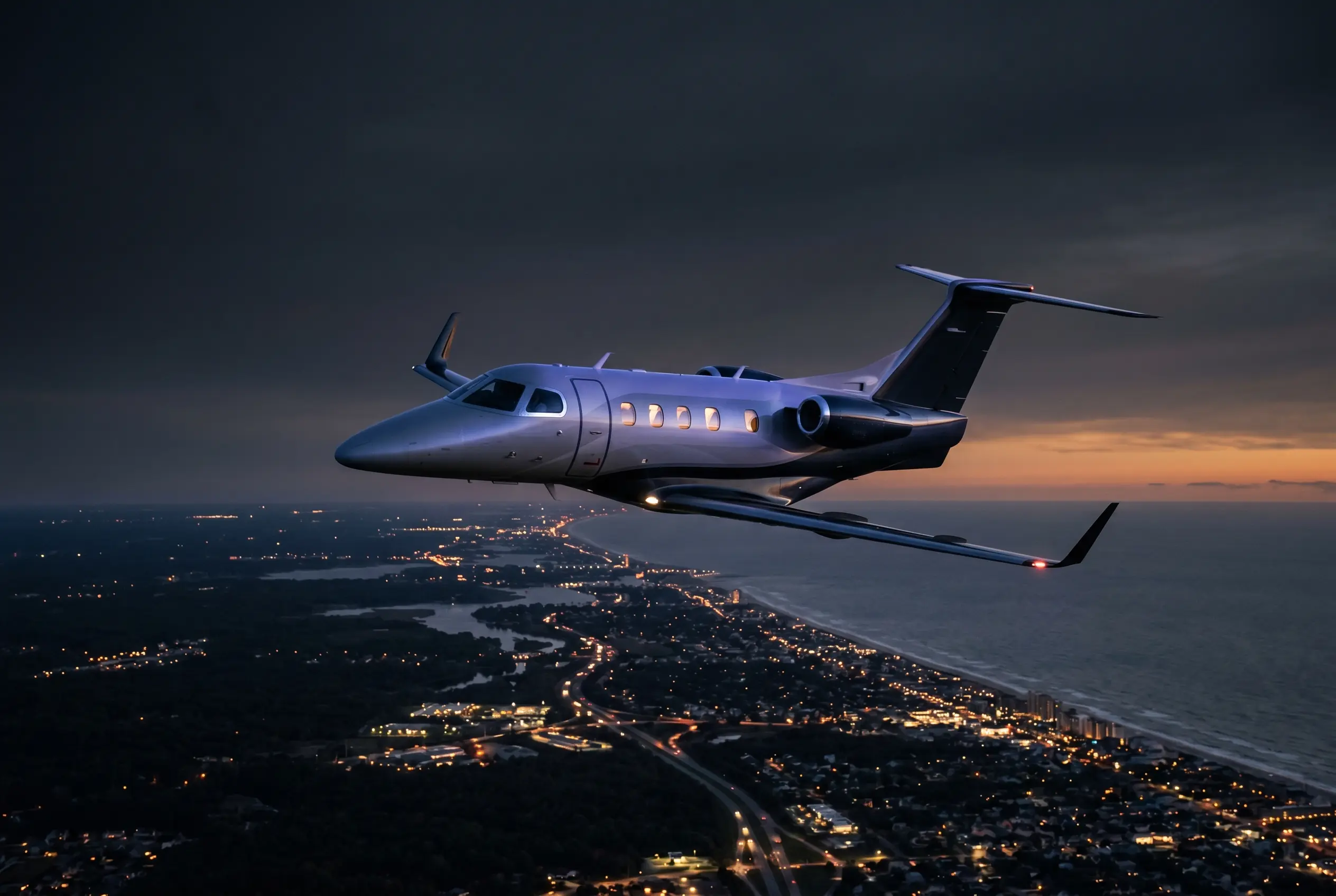 Embraer Phenom 100EV in flight at altitude over the Eastern Seaboard at dusk en route from New York to Miami