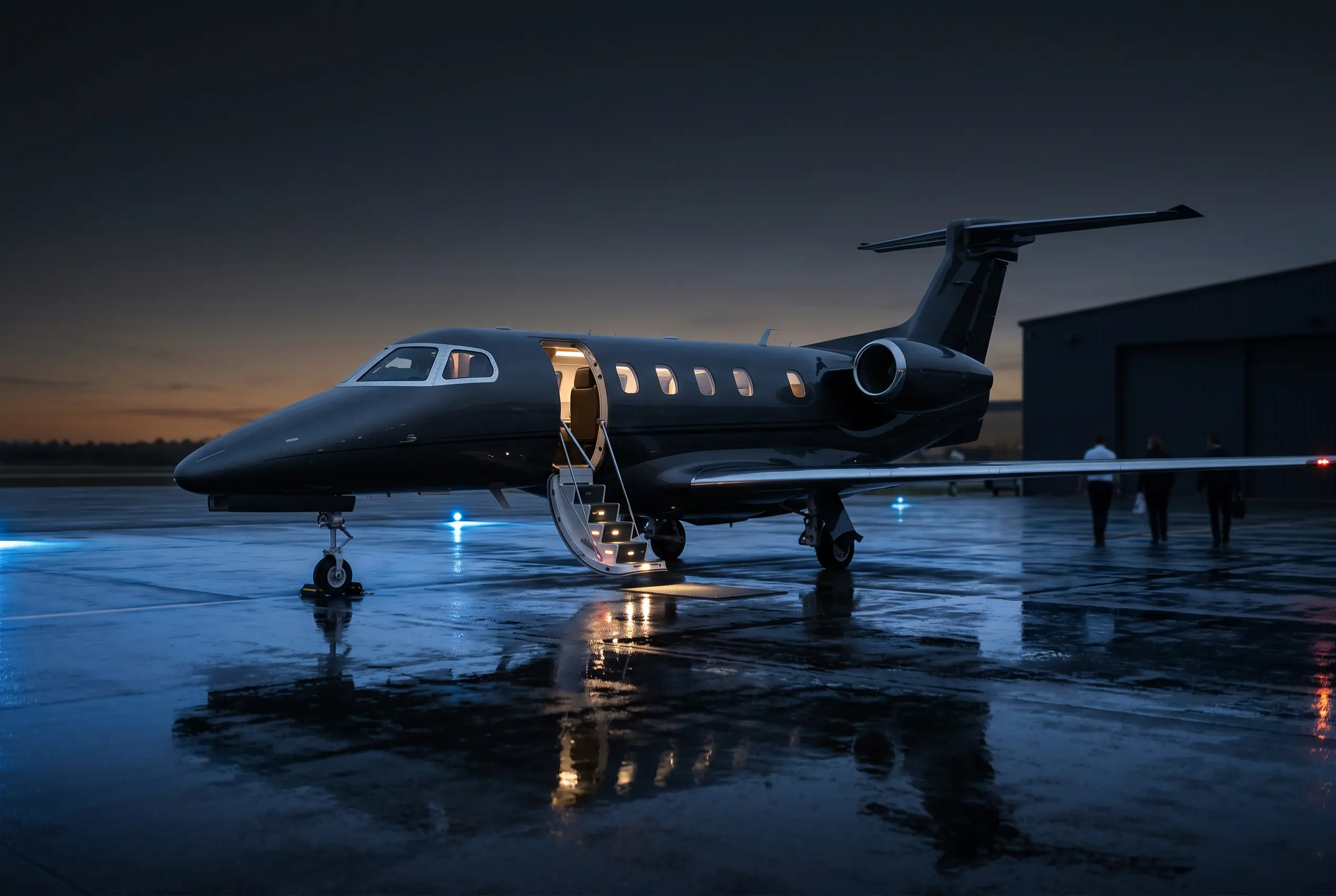 Embraer Phenom 300E parked on a private ramp at dusk with airstair down before a New York to Miami flight