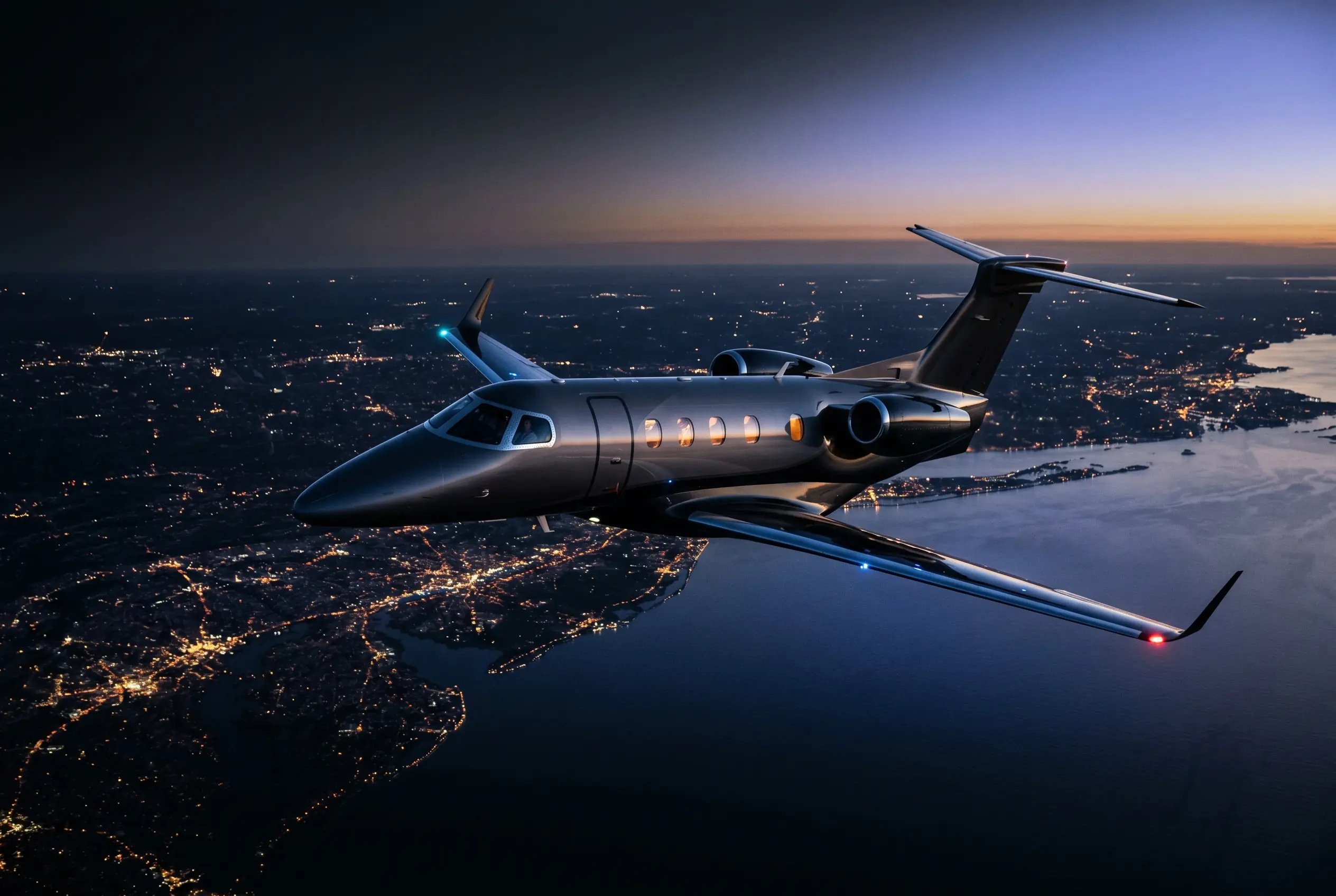 Embraer Phenom 300E in flight at altitude above the Eastern Seaboard at dusk en route from New York to Miami