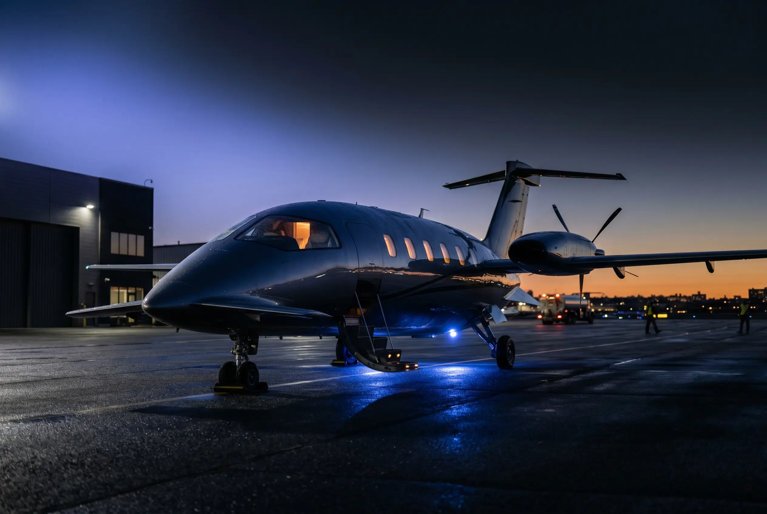 Piaggio Avanti EVO with its distinctive pusher propellers and forewing on a ramp at dusk before a New York to Miami flight