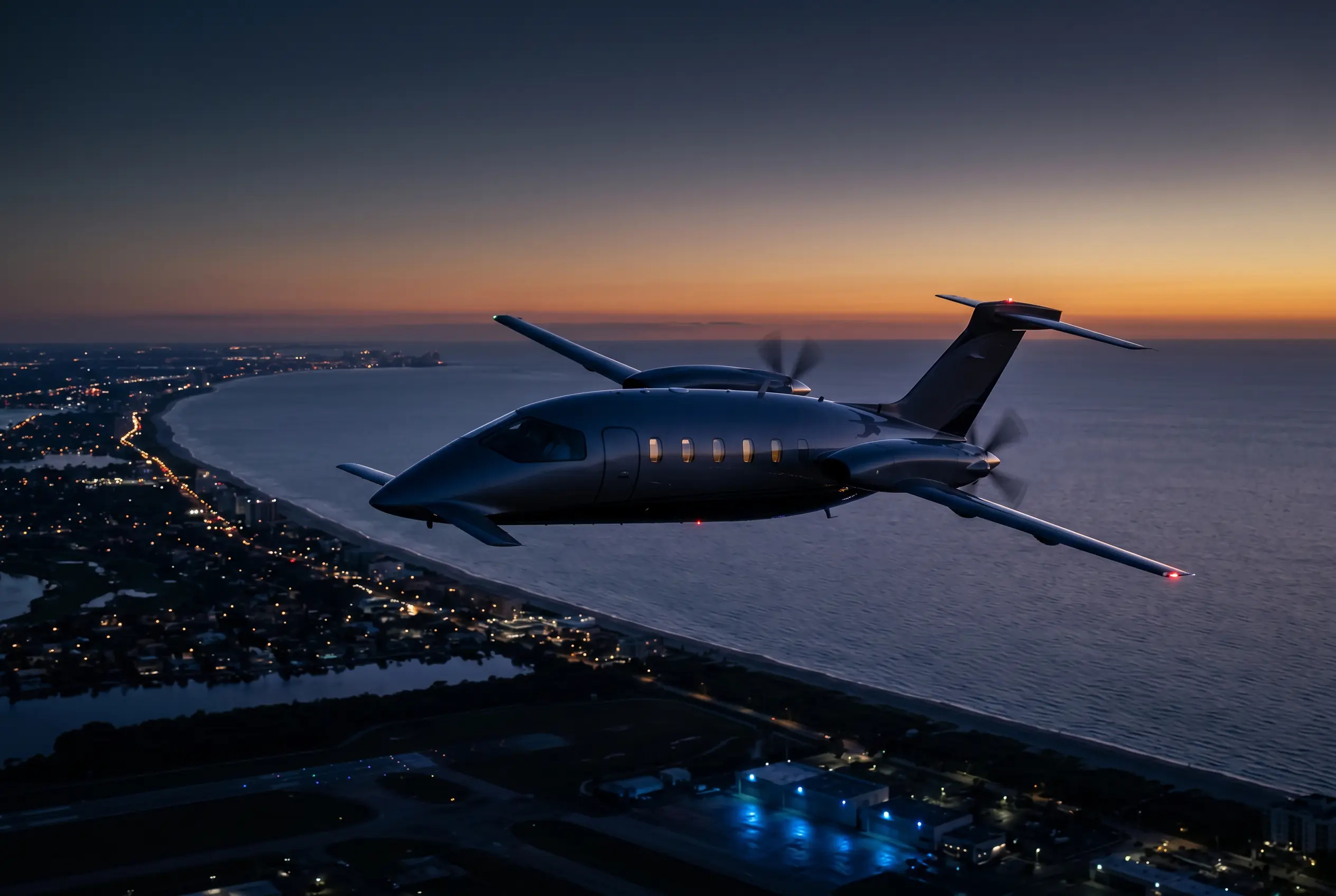 Piaggio Avanti EVO cruising at high altitude at dusk over the coastline en route from New York to Miami