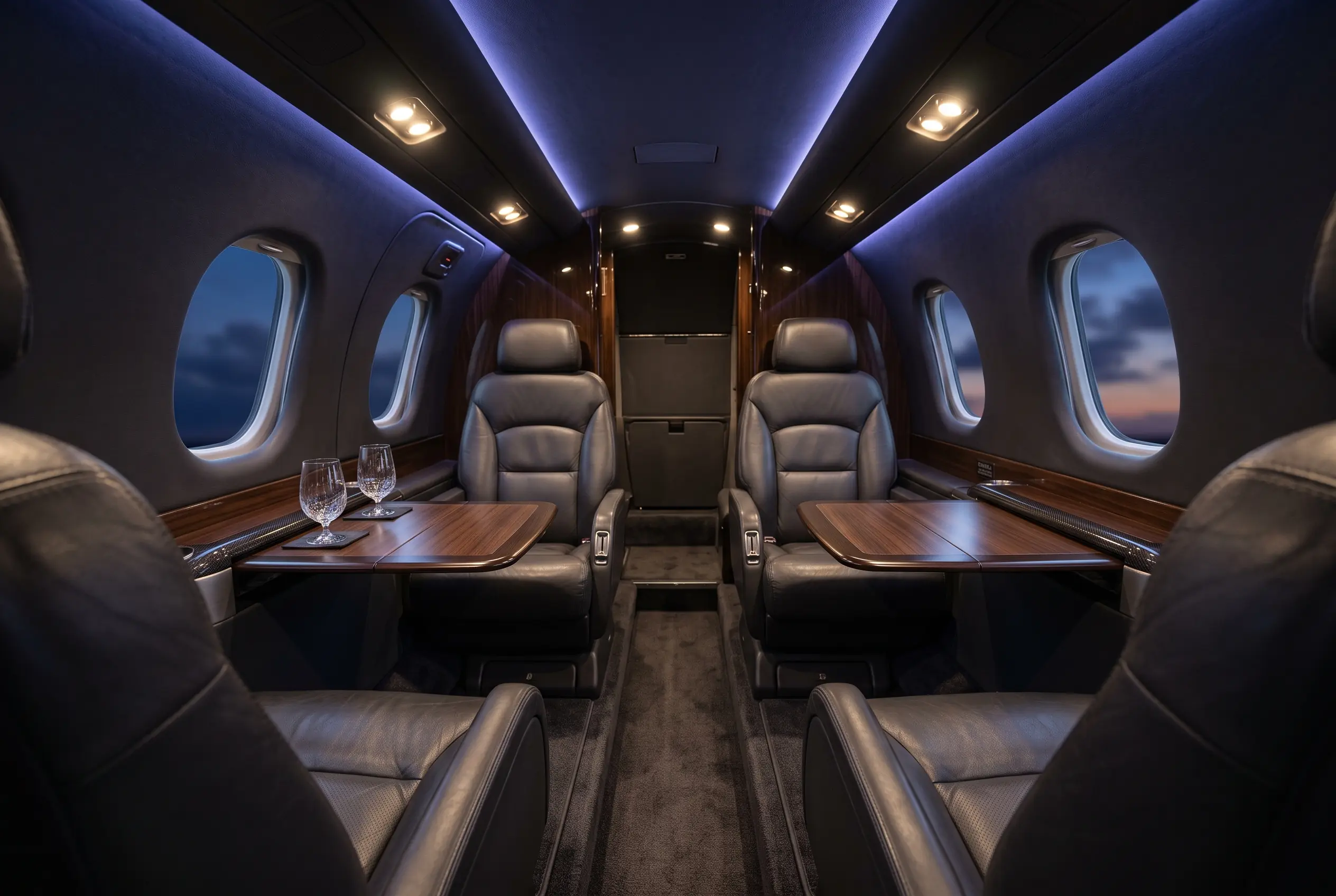 Pilatus PC-12 executive cabin with club seating configured for a New York to Miami charter