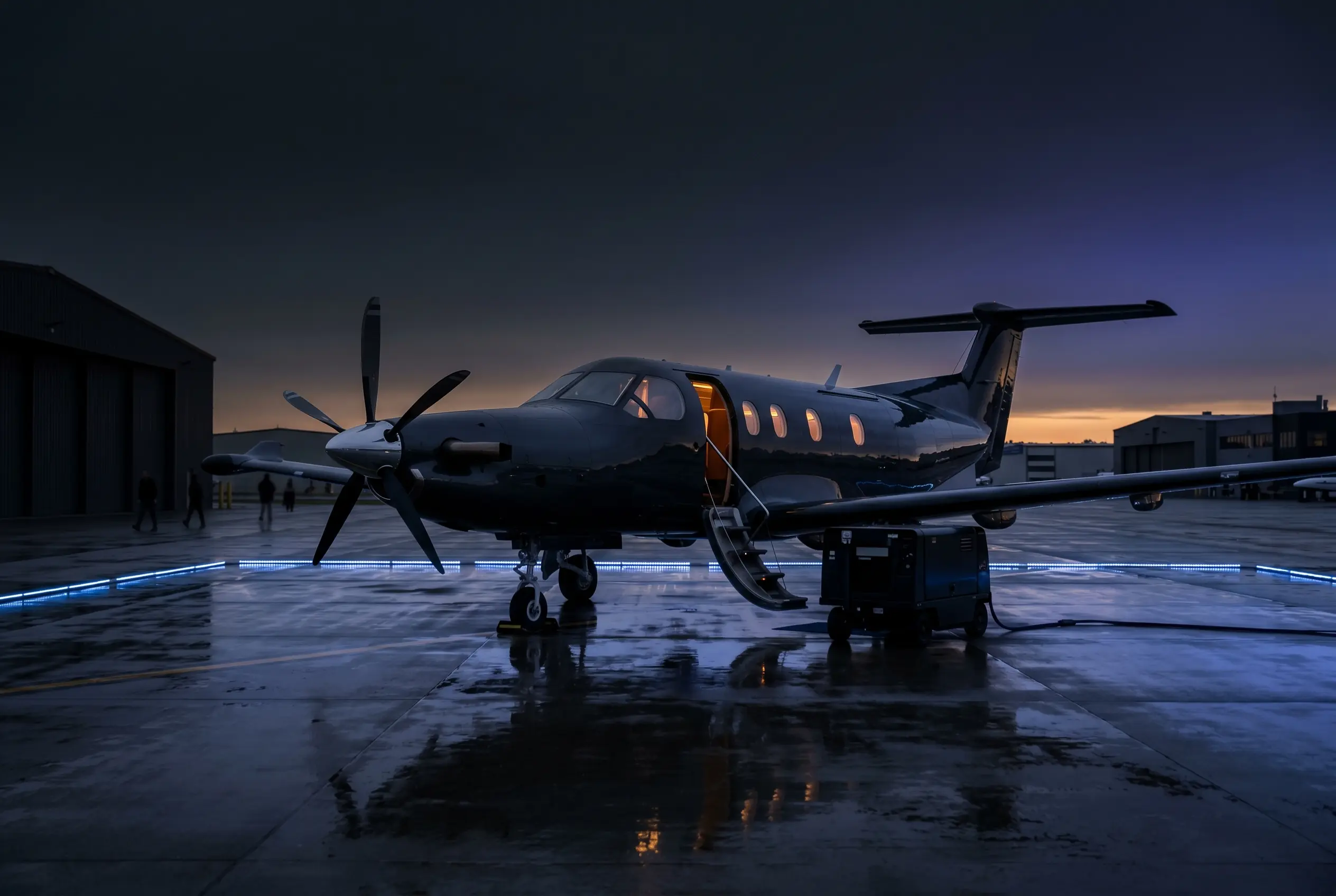 Pilatus PC-12 single-engine turboprop on a ramp at dusk before a New York to Miami flight