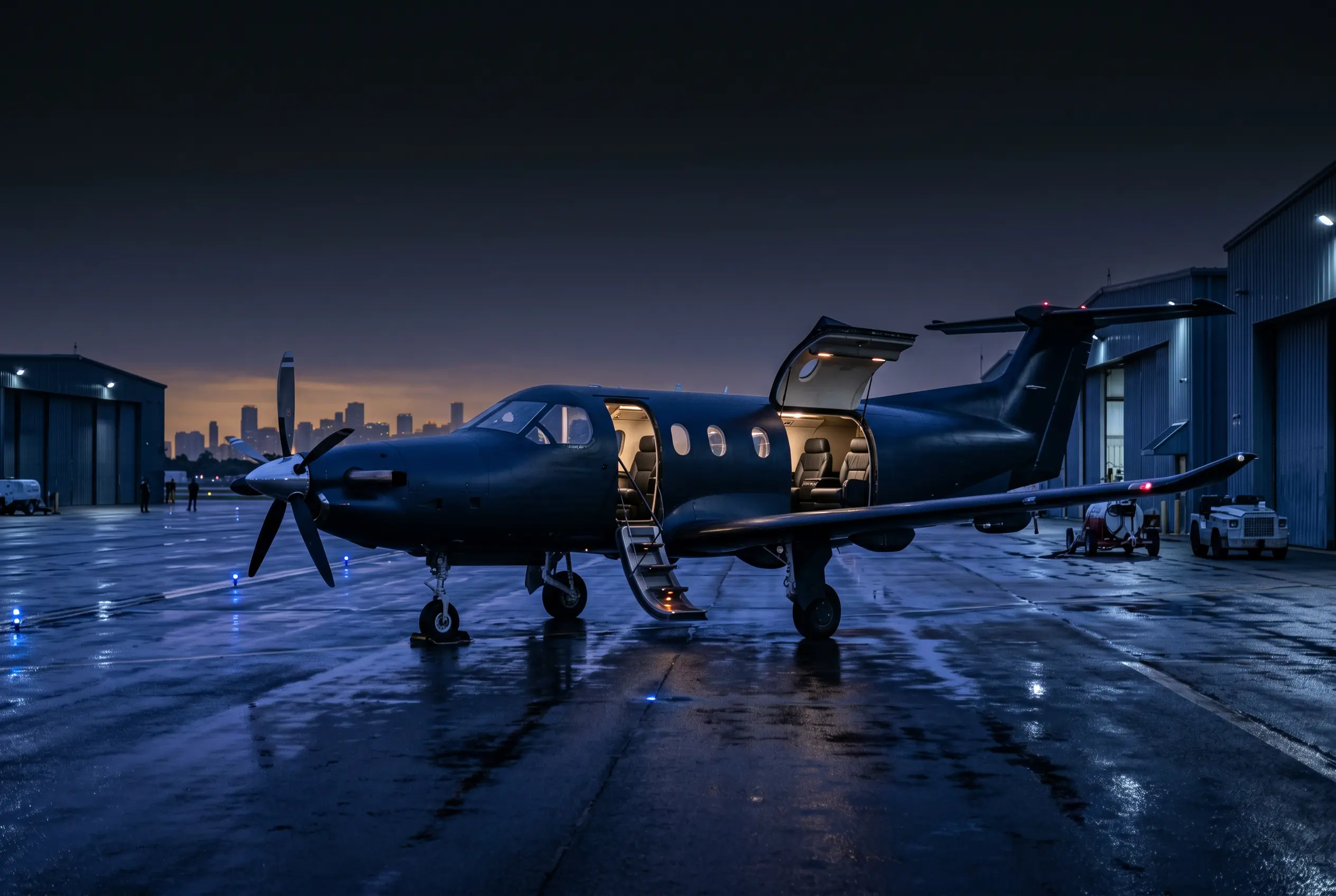 Pilatus PC-12 with its large cargo door open on a quiet ramp at dusk ahead of a Miami departure