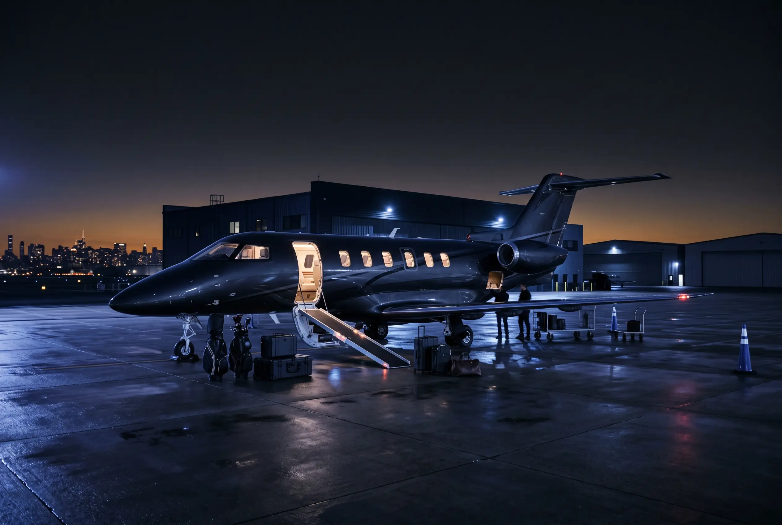 Pilatus PC-24 with its large aft cargo door open, loading golf bags and cases on a New York ramp before a Miami flight