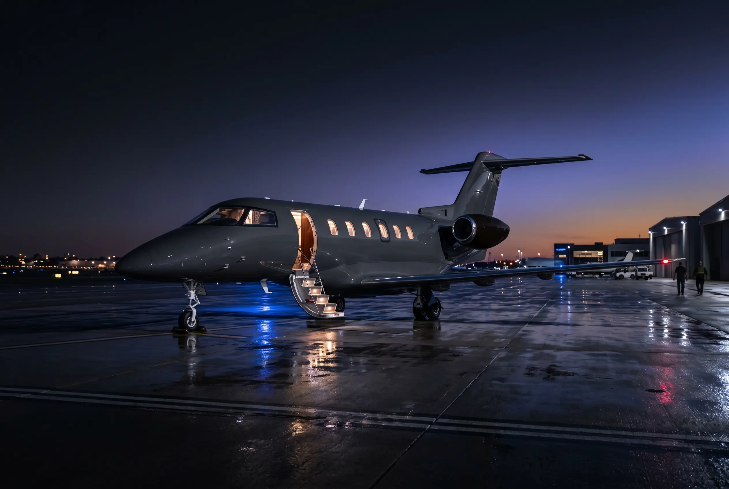 Pilatus PC-24 parked on a private ramp at dusk before a New York to Miami departure