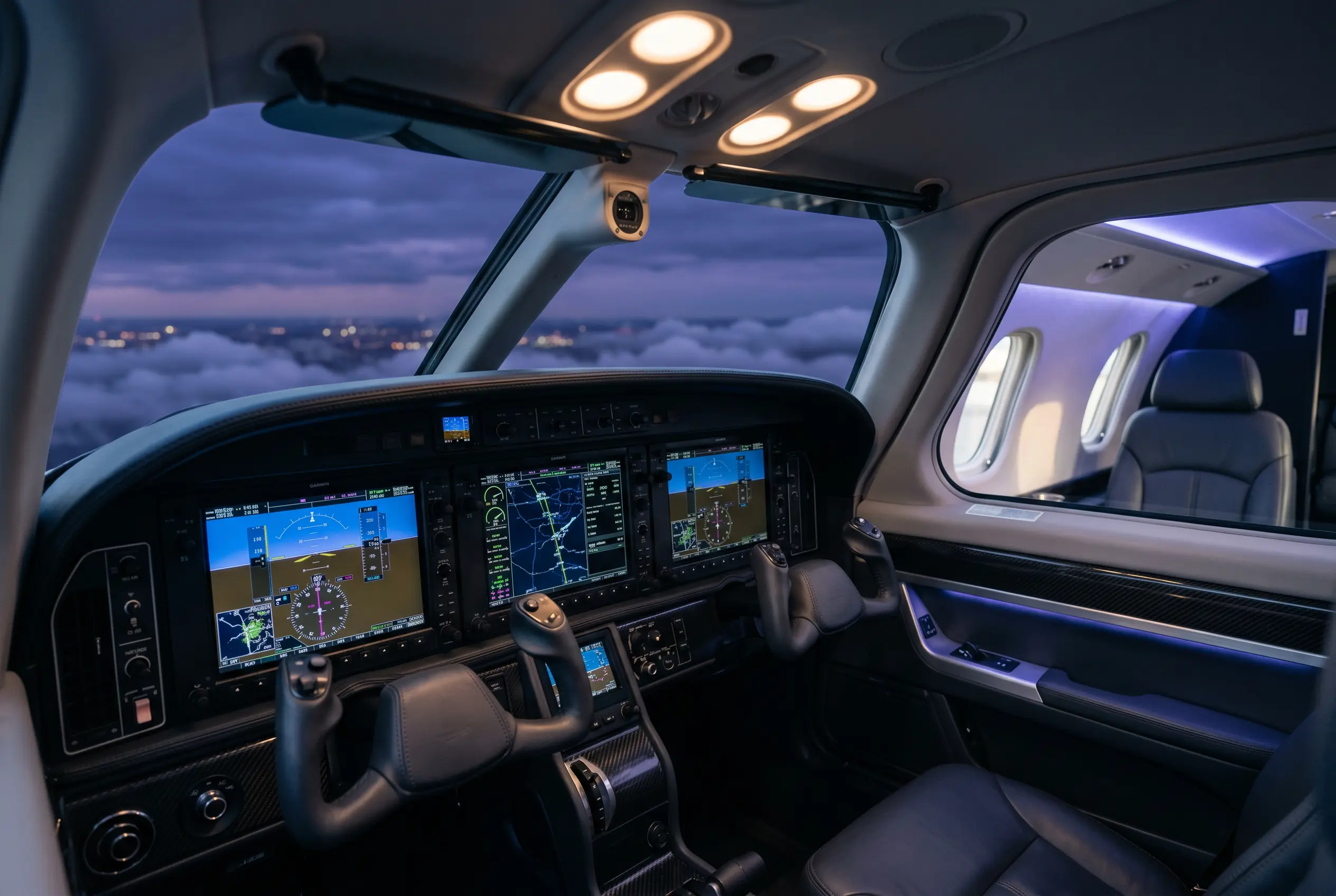 Piper M600/SLS Garmin glass cockpit illuminated at dusk ahead of a New York to Miami flight