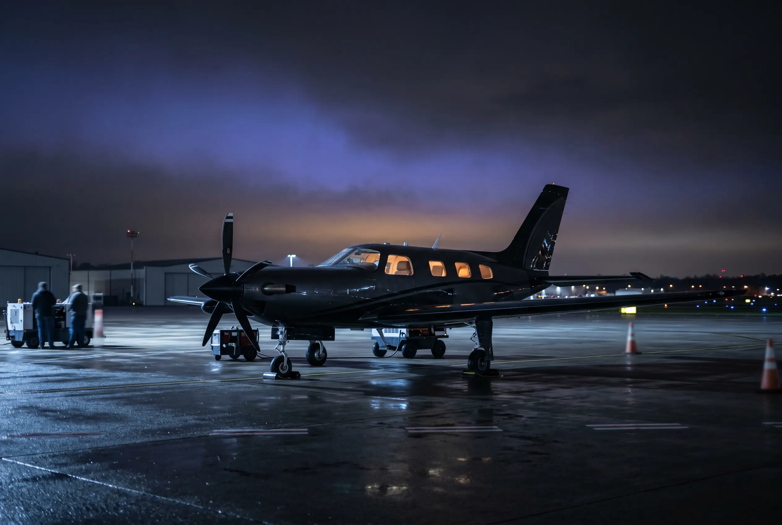 Piper M600/SLS single-engine turboprop on a regional ramp at dusk before a New York to Miami departure