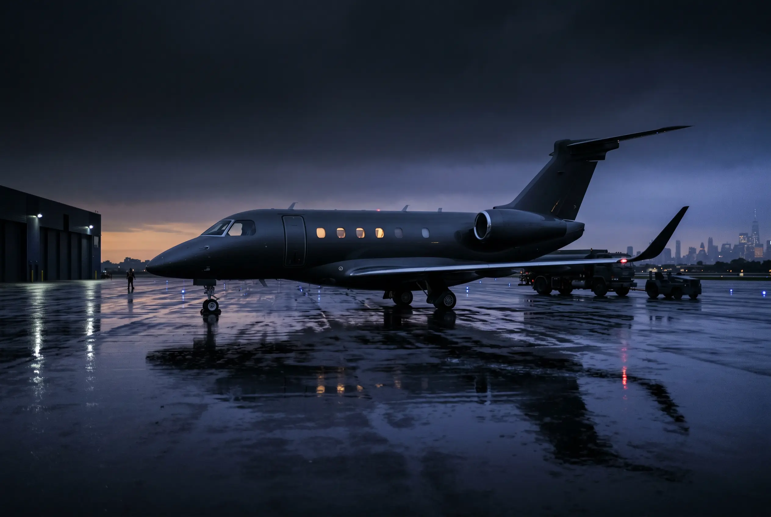 Embraer Praetor 500 with winglets parked on a private ramp at dusk before a New York to Miami flight