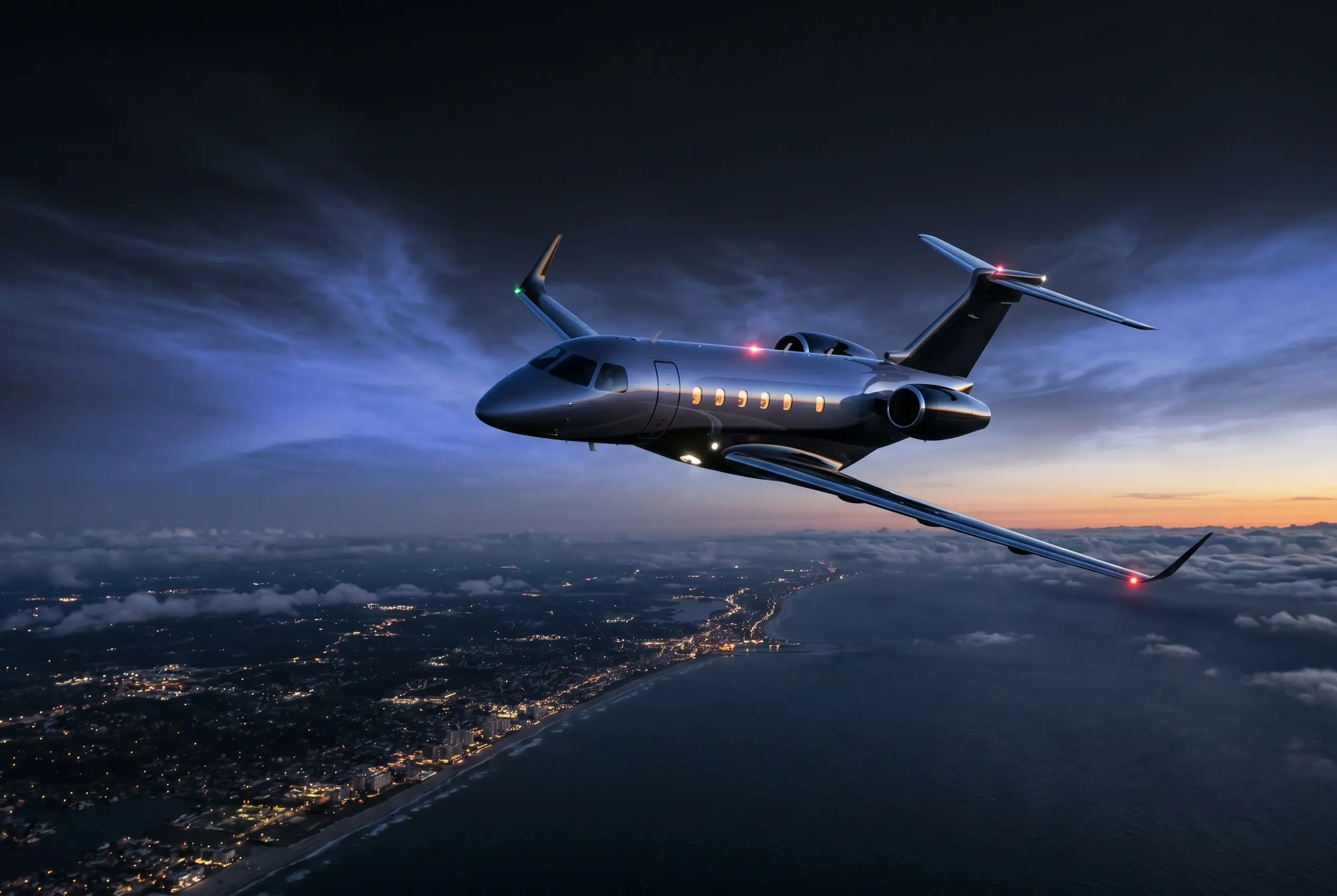 Embraer Praetor 500 cruising at high altitude at dusk above the Eastern Seaboard en route from New York to Miami