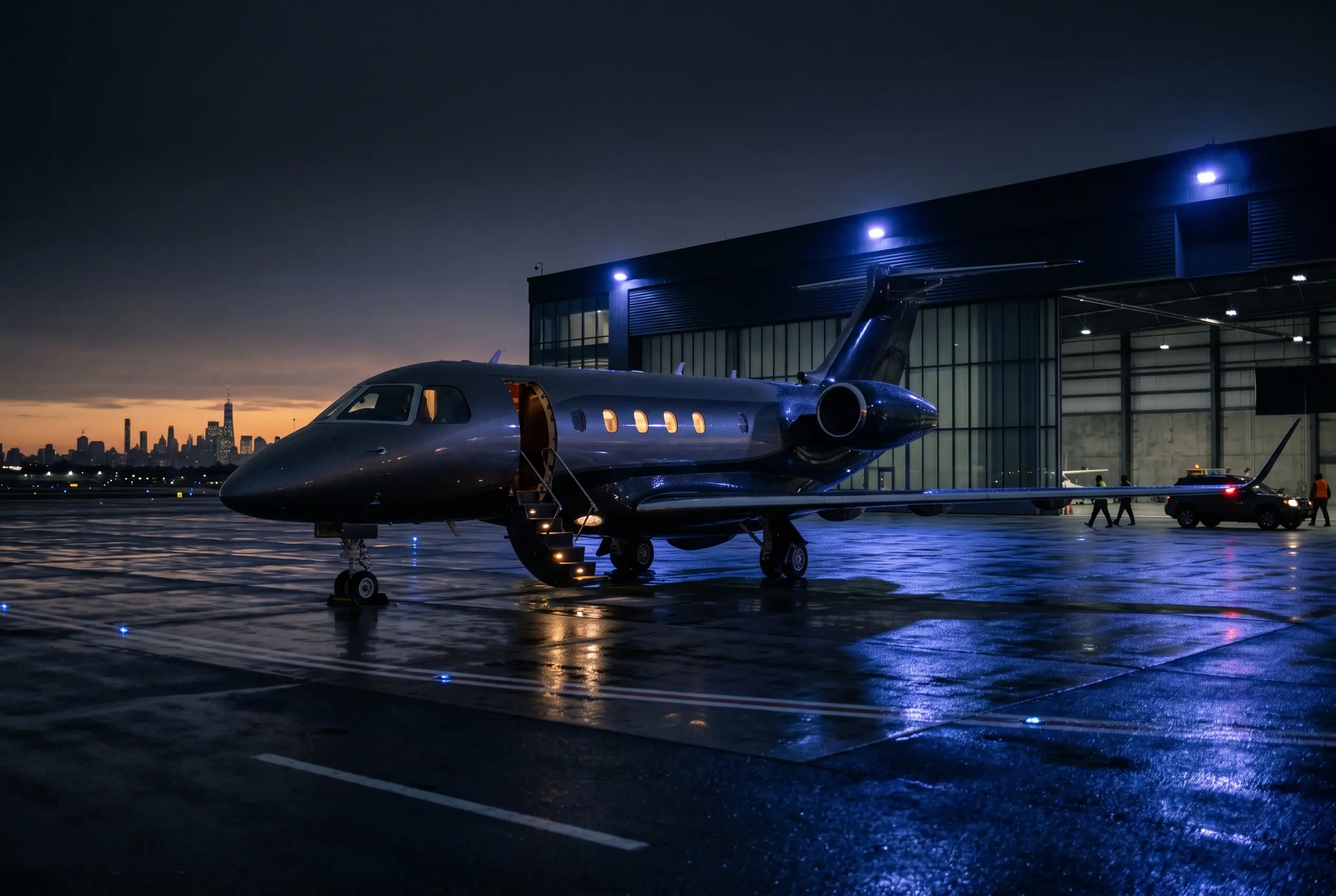 Embraer Praetor 600 on a private ramp at dusk before a New York to Miami departure