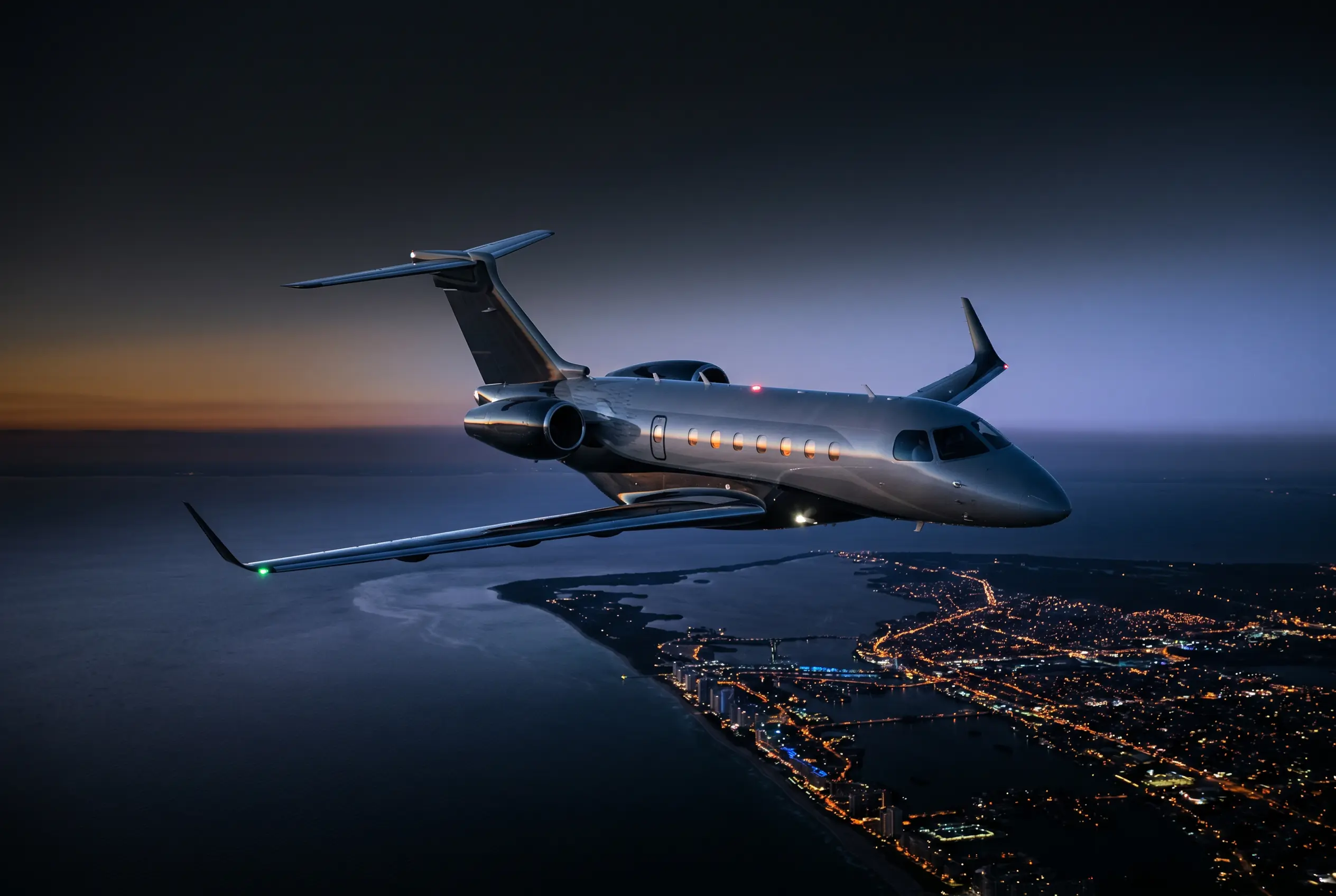 Embraer Praetor 600 in flight at high altitude at dusk above the coastline en route from New York to Miami