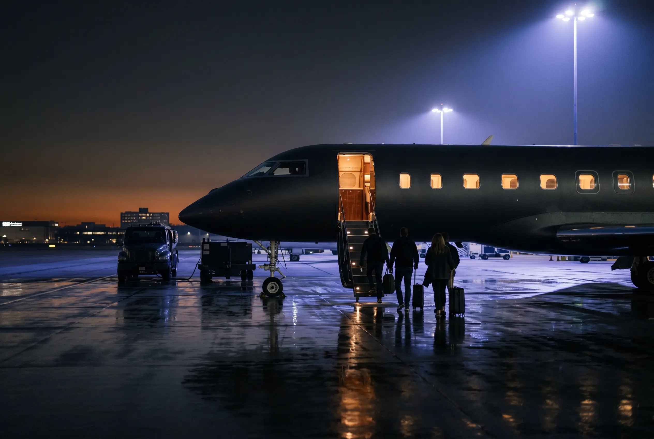 A travelling squad boarding a large private jet at dusk for a Miami fixture